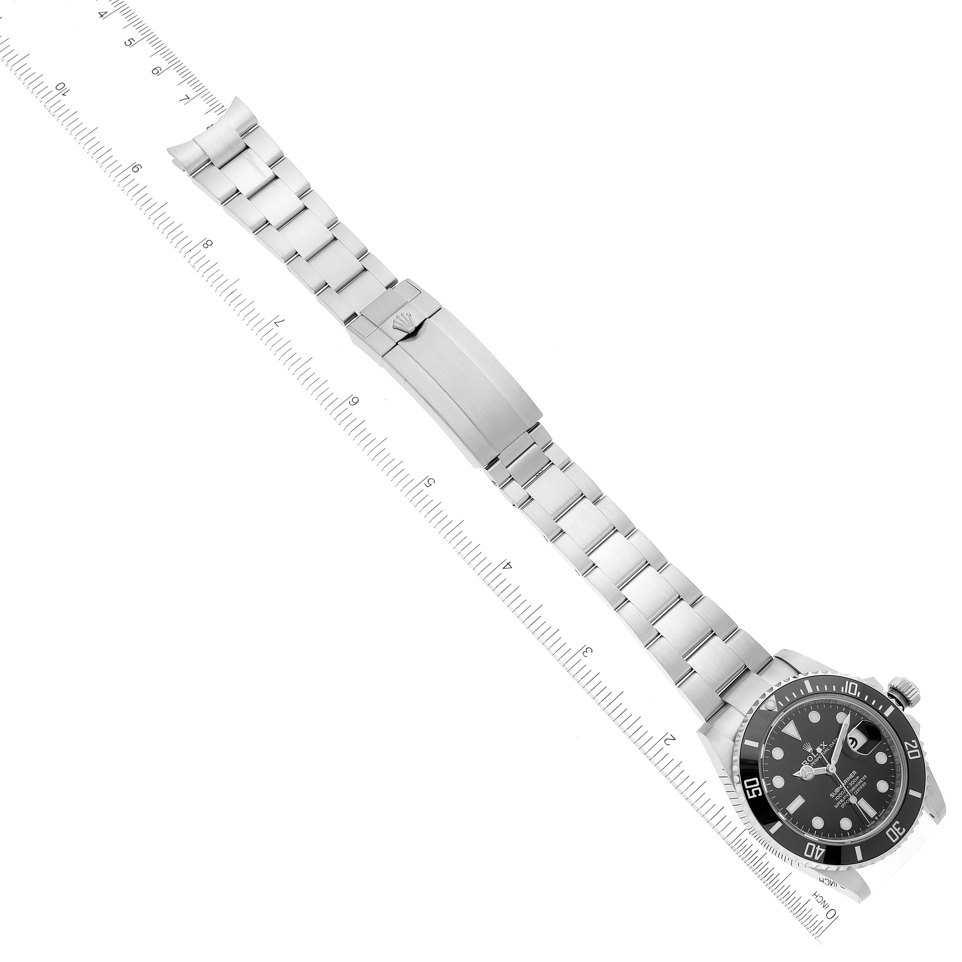 The image shows a Rolex Submariner 126610 Men's Stainless Steel Black Dial 126610 Men's Stainless Steel Black Dial watch laid flat, displaying the full length of the metal bracelet, clasp, and the watch face.