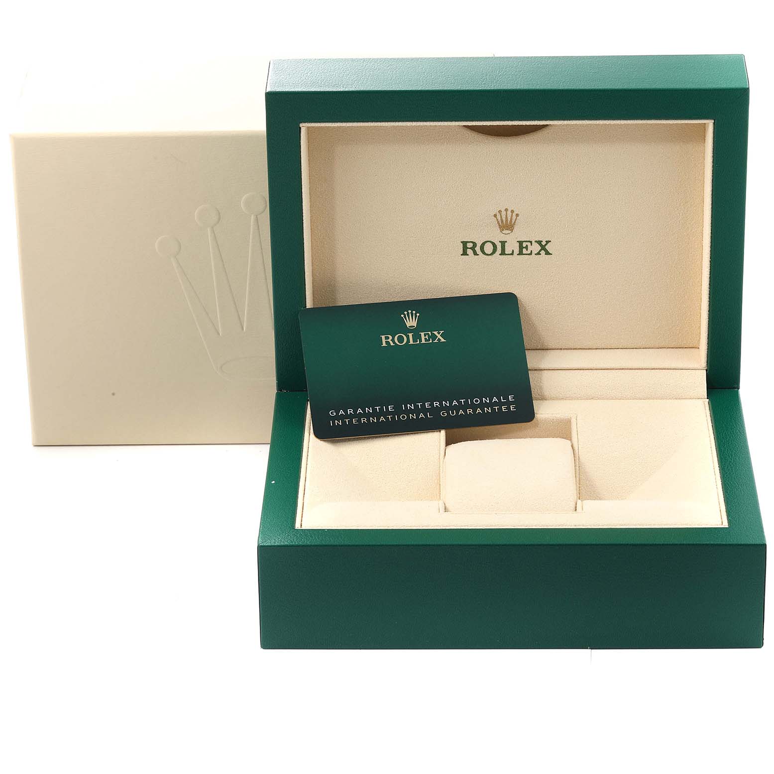 The image shows the open box and international guarantee card for a Rolex Submariner 126610 Men's Stainless Steel Black Dial 126610 Men's Stainless Steel Black Dial watch.