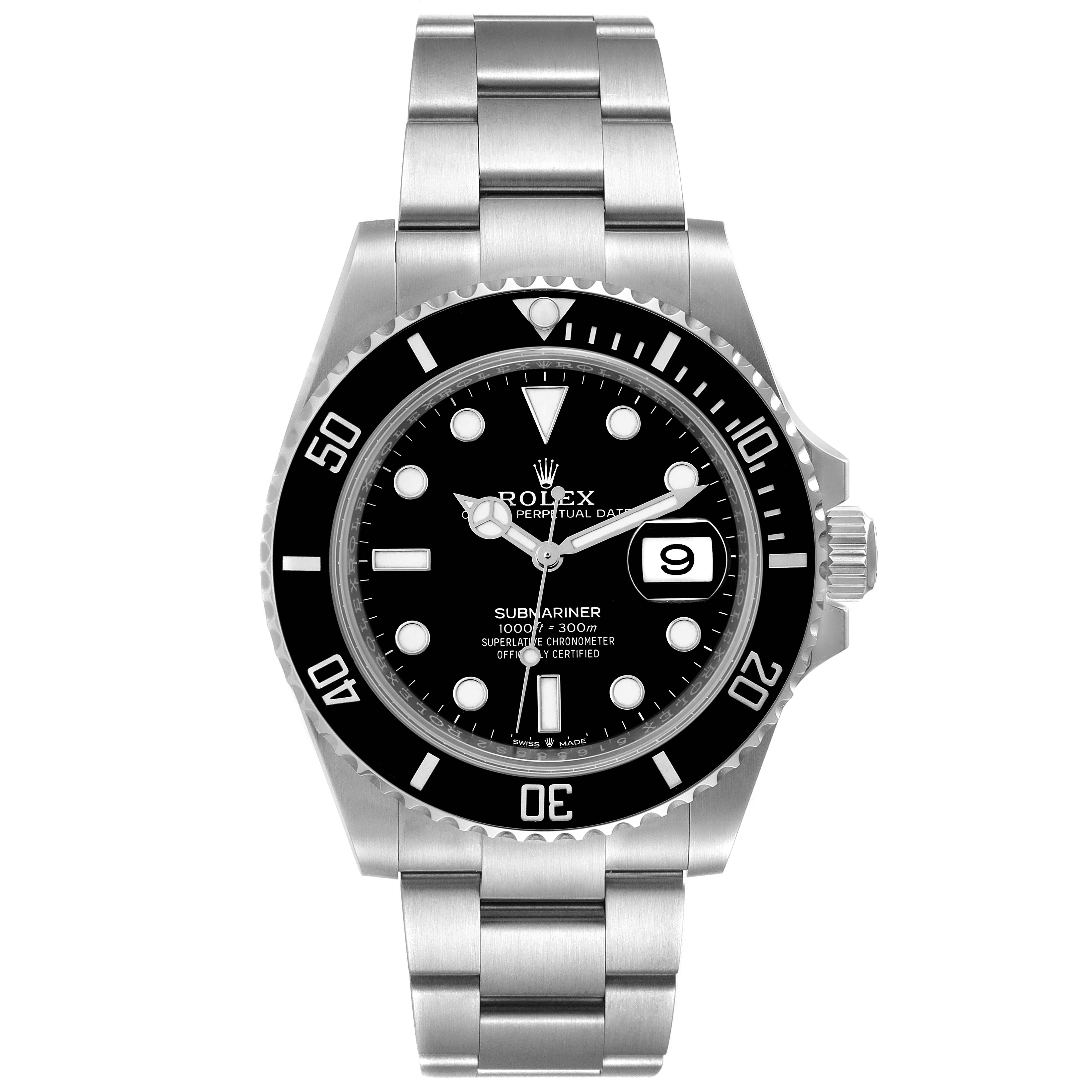 The image shows a front view of a Rolex Submariner 126610 Men's Stainless Steel Black Dial 126610 Men's Stainless Steel Black Dial watch, displaying the face, bezel, and bracelet.