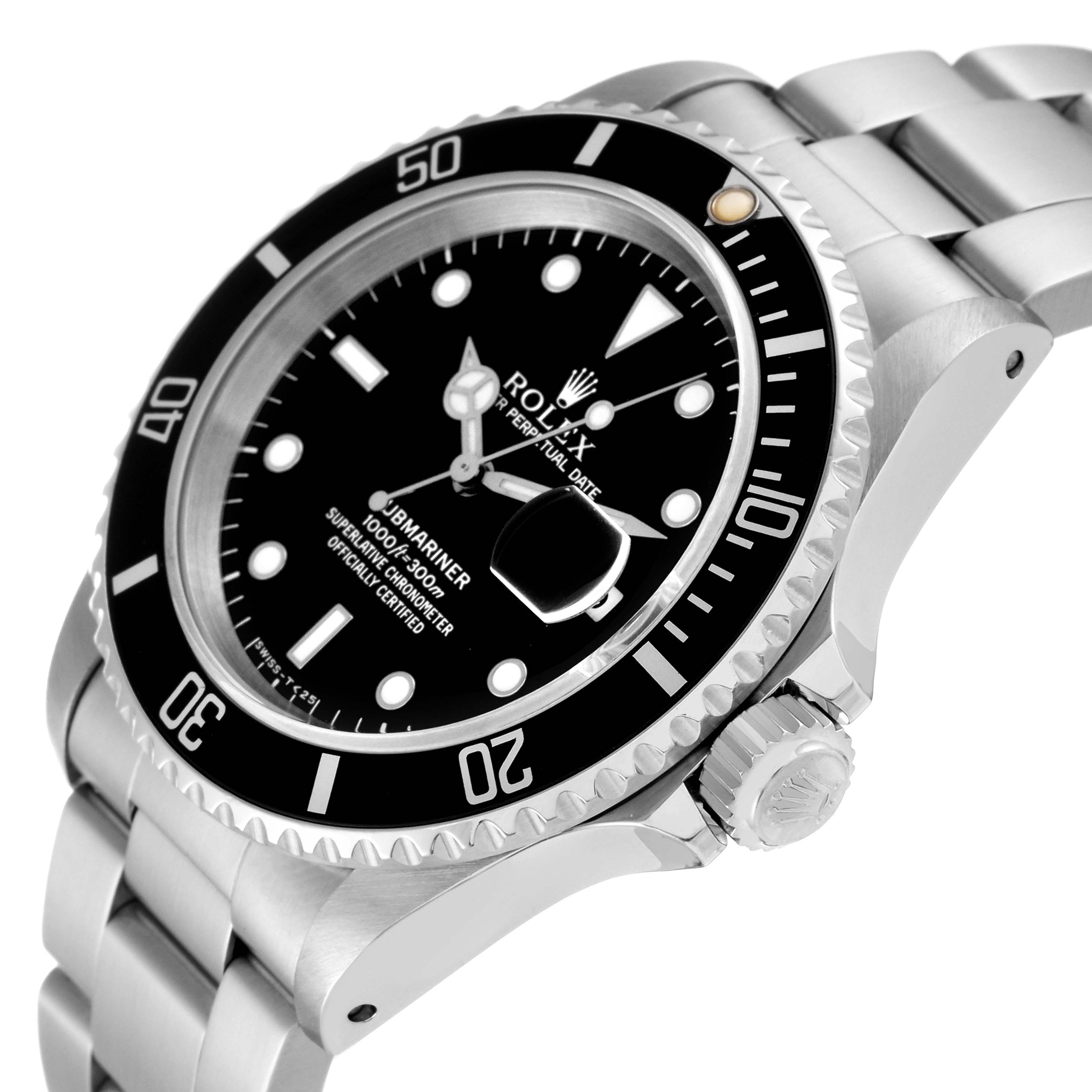 This image shows a side angle of the Rolex Submariner 16610 Men
s Stainless Steel Black Dial 16610 Men
s Stainless Steel Black Dial watch, highlighting its dial, bezel, bracelet, and crown.