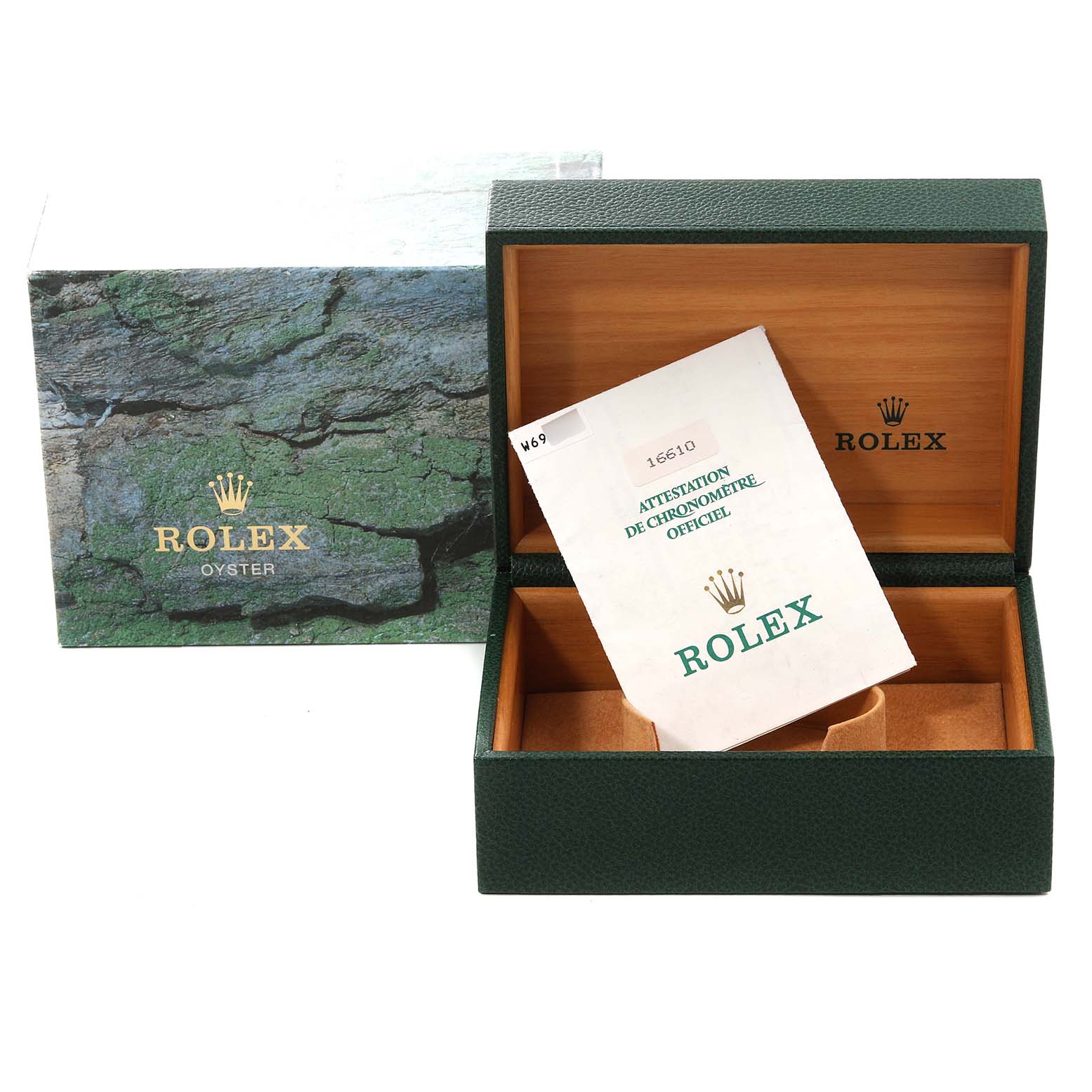 The image shows the packaging and certification booklet for a Rolex Submariner 16610 Men
s Stainless Steel Black Dial 16610 Men
s Stainless Steel Black Dial, including the green exterior and wooden interior box.
