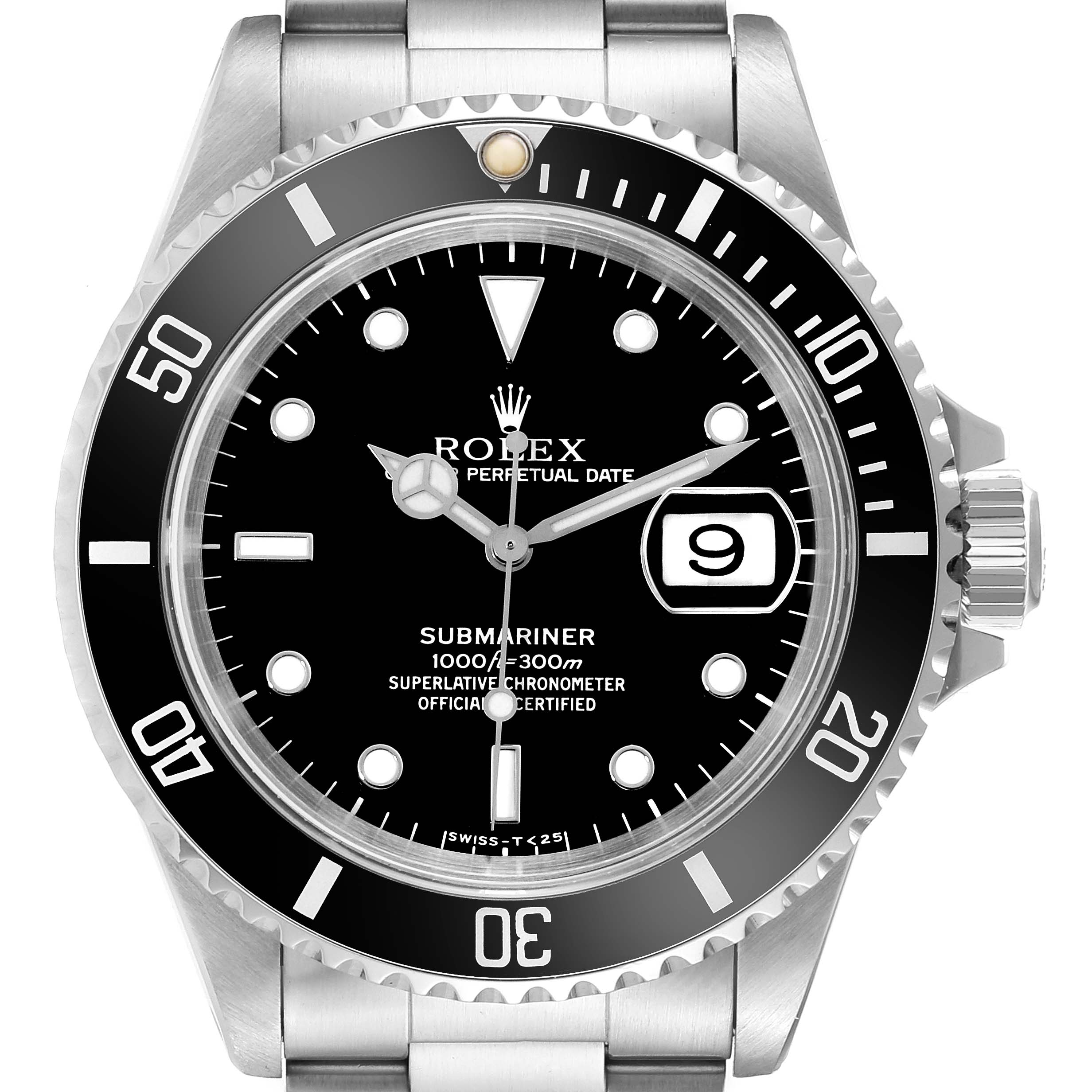 The image shows a front view of a Rolex Submariner 16610 Men
s Stainless Steel Black Dial 16610 Men
s Stainless Steel Black Dial watch, highlighting the dial, bezel, and part of the bracelet.