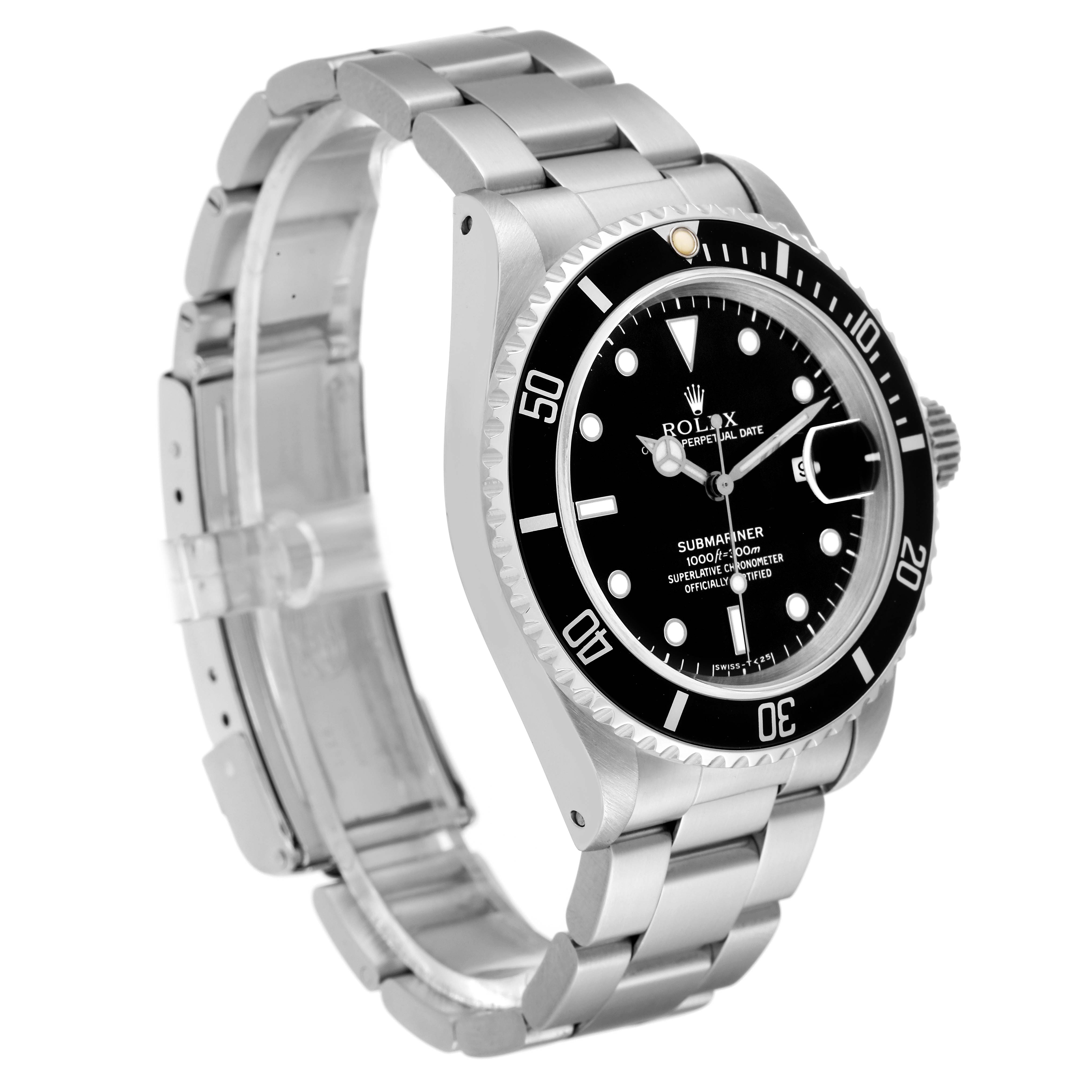 The image shows a three-quarter view of a Rolex Submariner 16610 Men
s Stainless Steel Black Dial 16610 Men
s Stainless Steel Black Dial, highlighting the bezel, dial, and stainless steel bracelet.