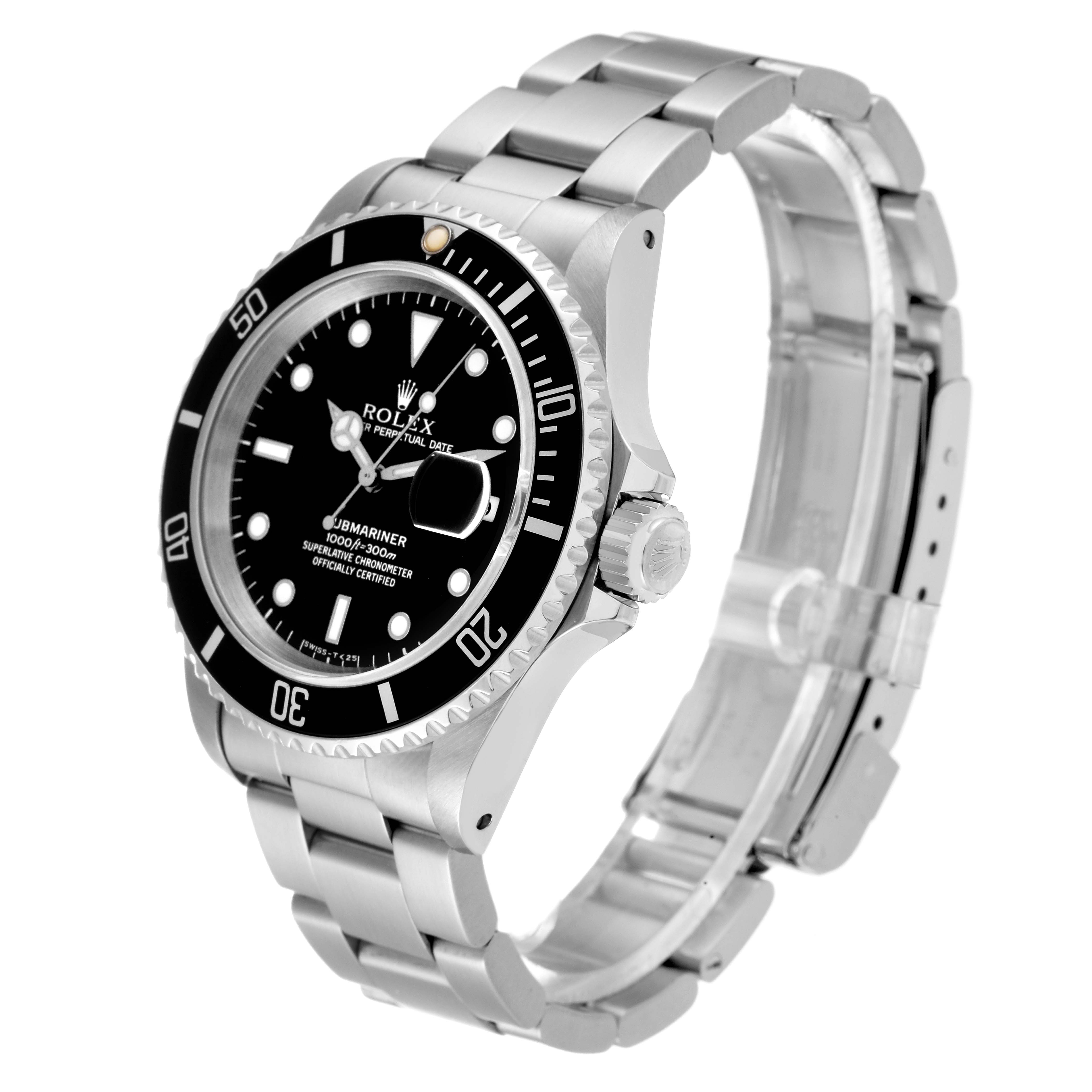 The image shows a Rolex Submariner 16610 Men
s Stainless Steel Black Dial 16610 Men
s Stainless Steel Black Dial watch at an angled view displaying the dial, bezel, crown, and bracelet.