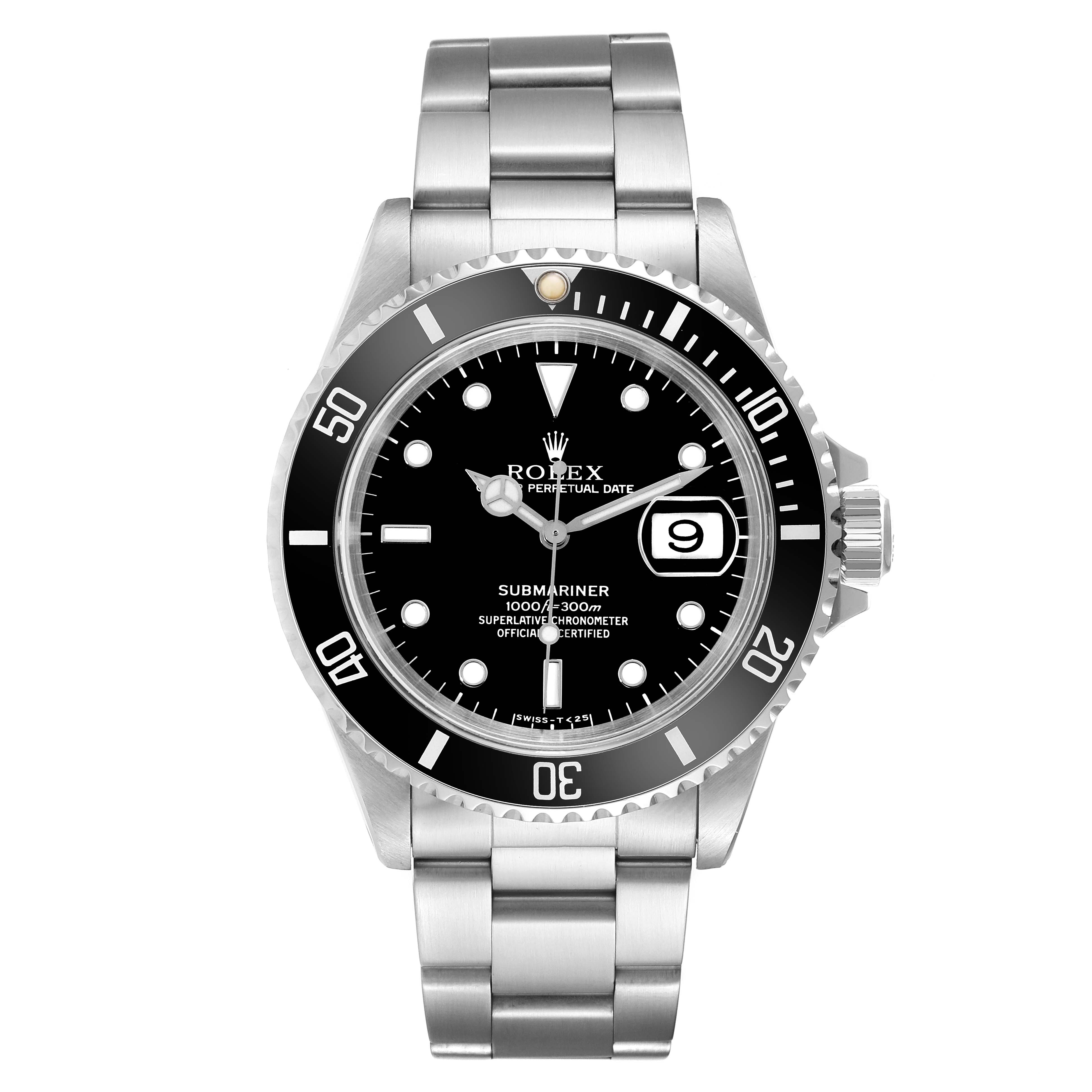 This image shows a frontal view of the Rolex Submariner 16610 Men
s Stainless Steel Black Dial 16610 Men
s Stainless Steel Black Dial watch, displaying its dial, bezel, and stainless steel bracelet.