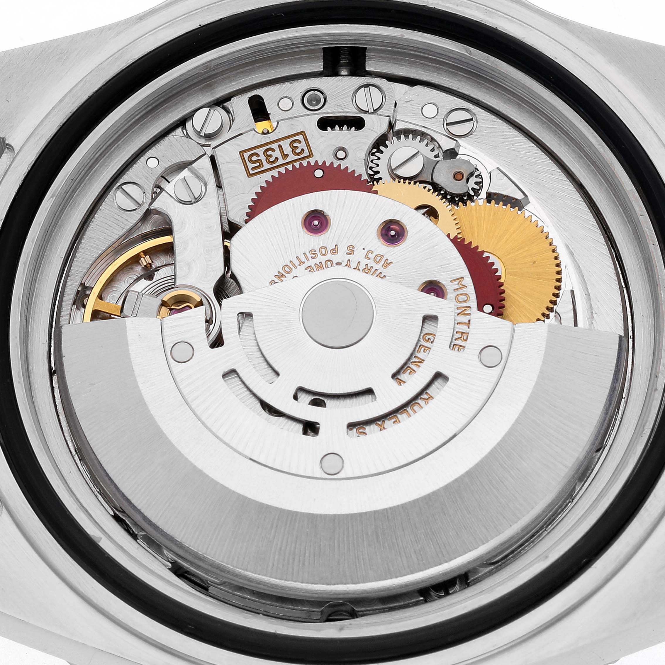 This image shows a close-up of the movement mechanism inside a Rolex Submariner 16610 Men
s Stainless Steel Black Dial 16610 Men
s Stainless Steel Black Dial watch.