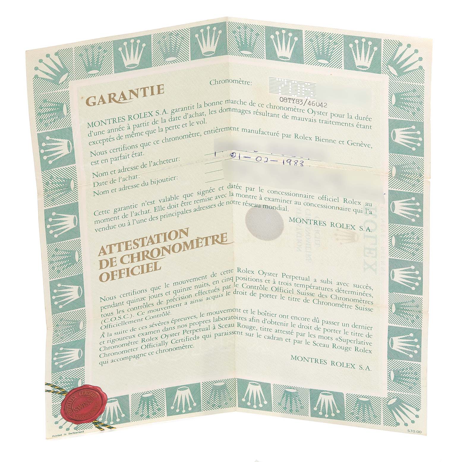 The image shows the warranty and chronometer certification papers for the Rolex Vintage Collection 16800 Men's Stainless Steel Black Dial 16800 Men's Stainless Steel Black Dial watch.