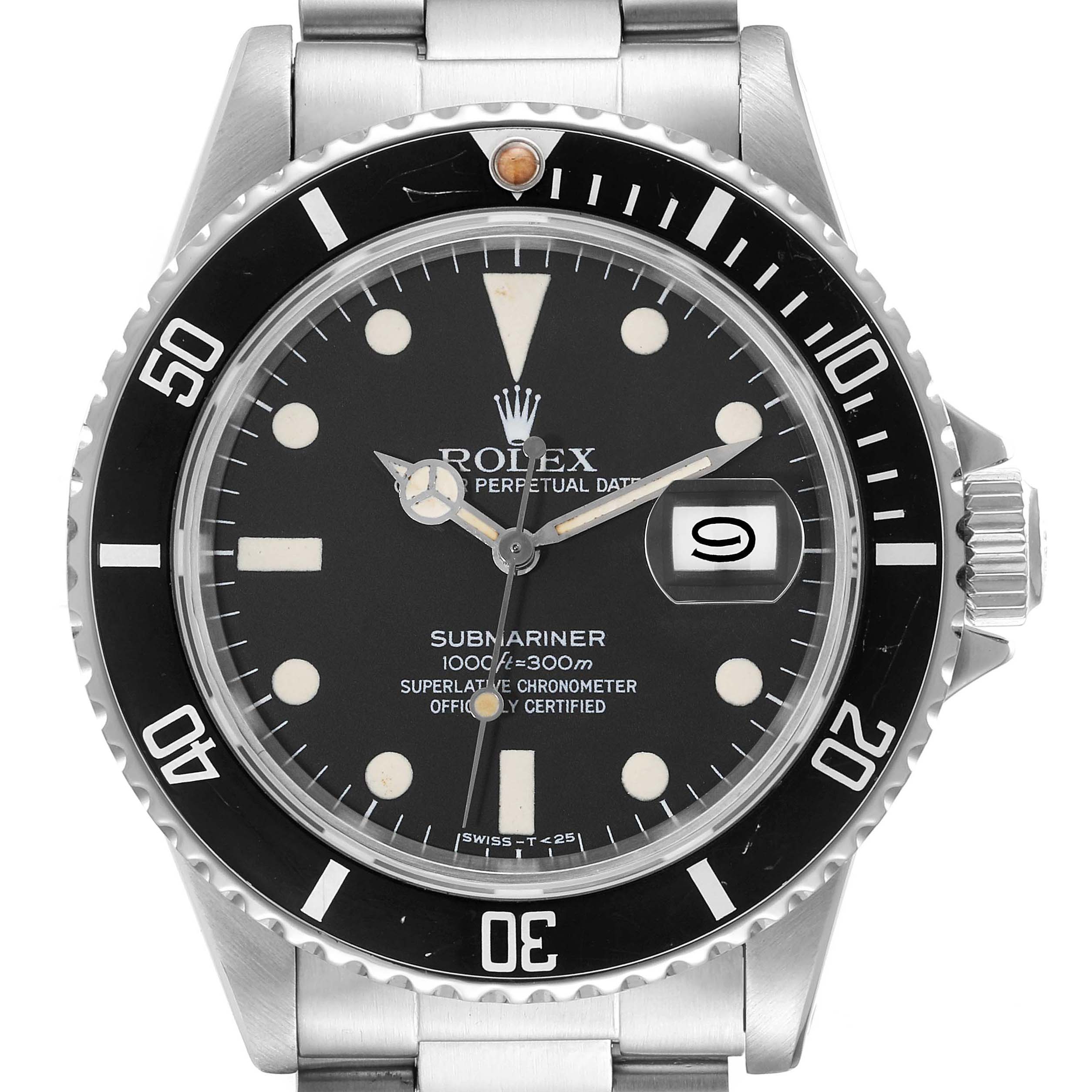 The image shows a Rolex Vintage Collection 16800 Men's Stainless Steel Black Dial 16800 Men's Stainless Steel Black Dial Submariner watch from a front angle, highlighting its dial, bezel, and part of the bracelet.