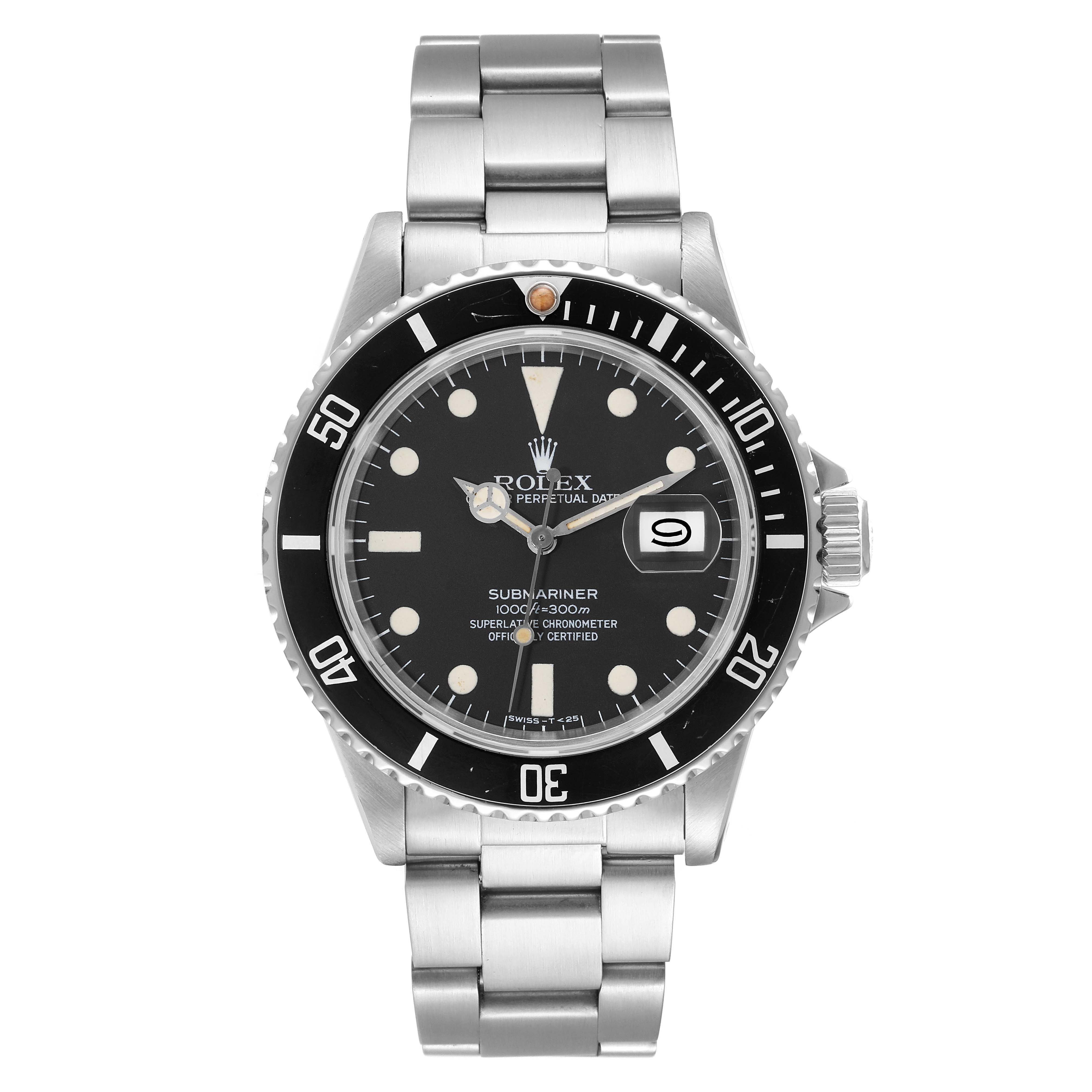 The image shows a frontal view of a Rolex Vintage Collection 16800 Men's Stainless Steel Black Dial 16800 Men's Stainless Steel Black Dial Submariner watch, displaying its face, bezel, and stainless steel bracelet.
