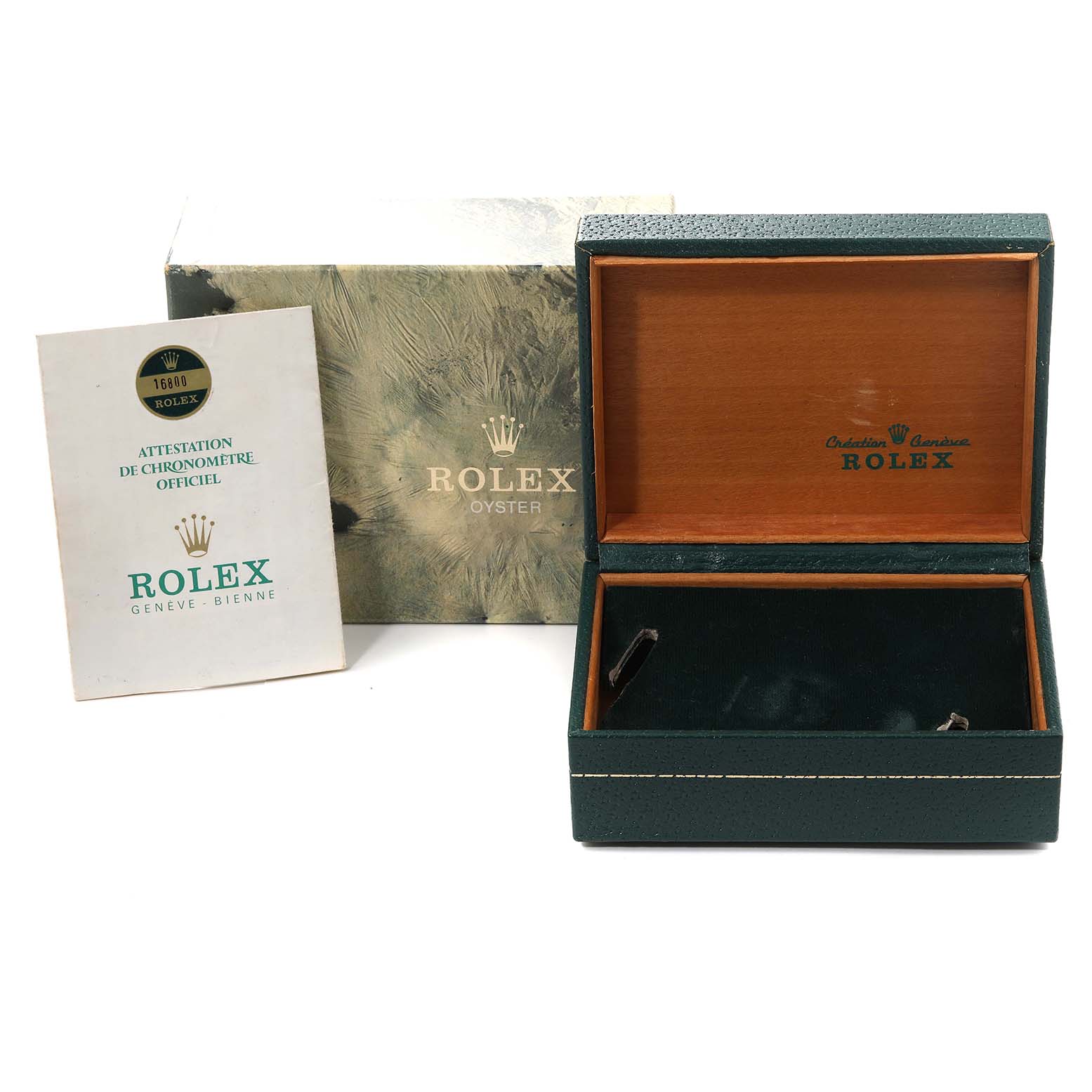 The image shows an empty Rolex Vintage Collection 16800 Men's Stainless Steel Black Dial 16800 Men's Stainless Steel Black Dial watch box, outer packaging, and certification booklet.