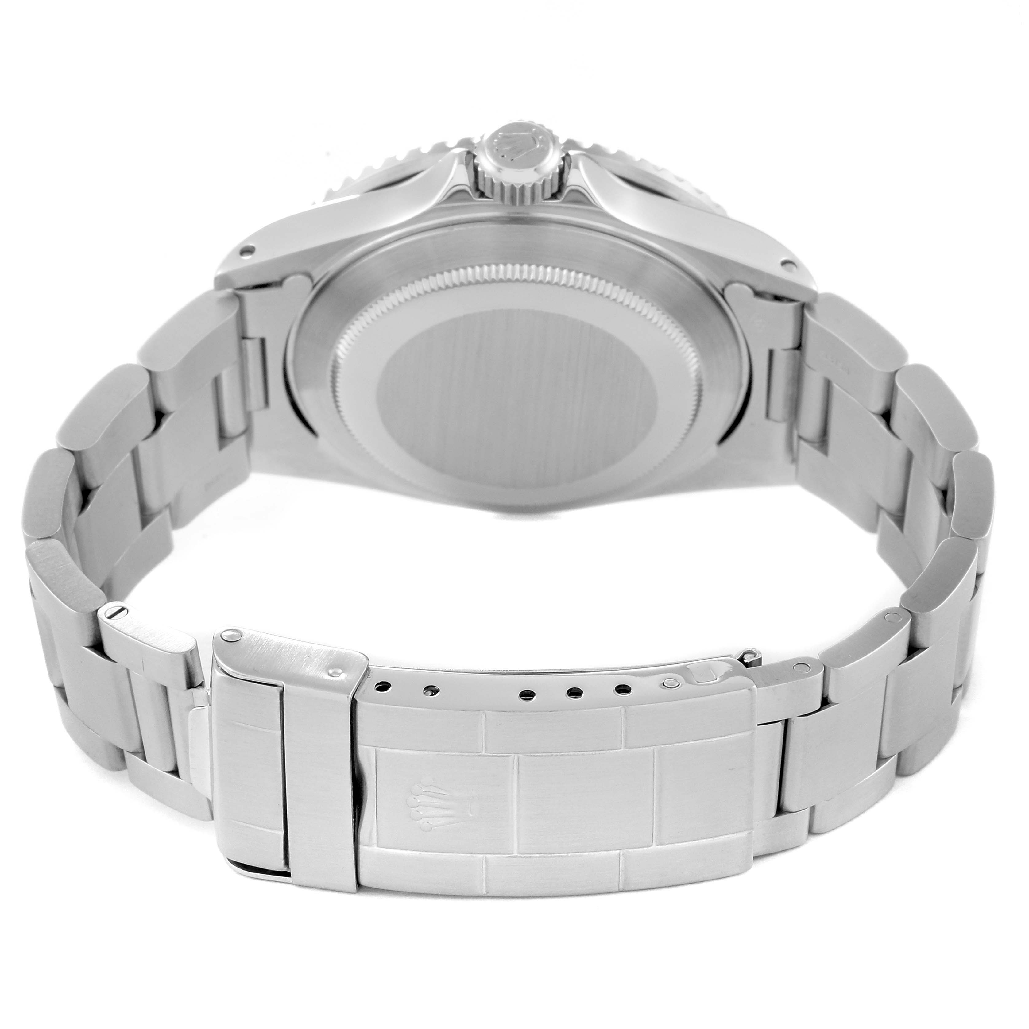 This image shows the back view of the case and the bracelet clasp of a Rolex Vintage Collection 16800 Men's Stainless Steel Black Dial 16800 Men's Stainless Steel Black Dial model watch.