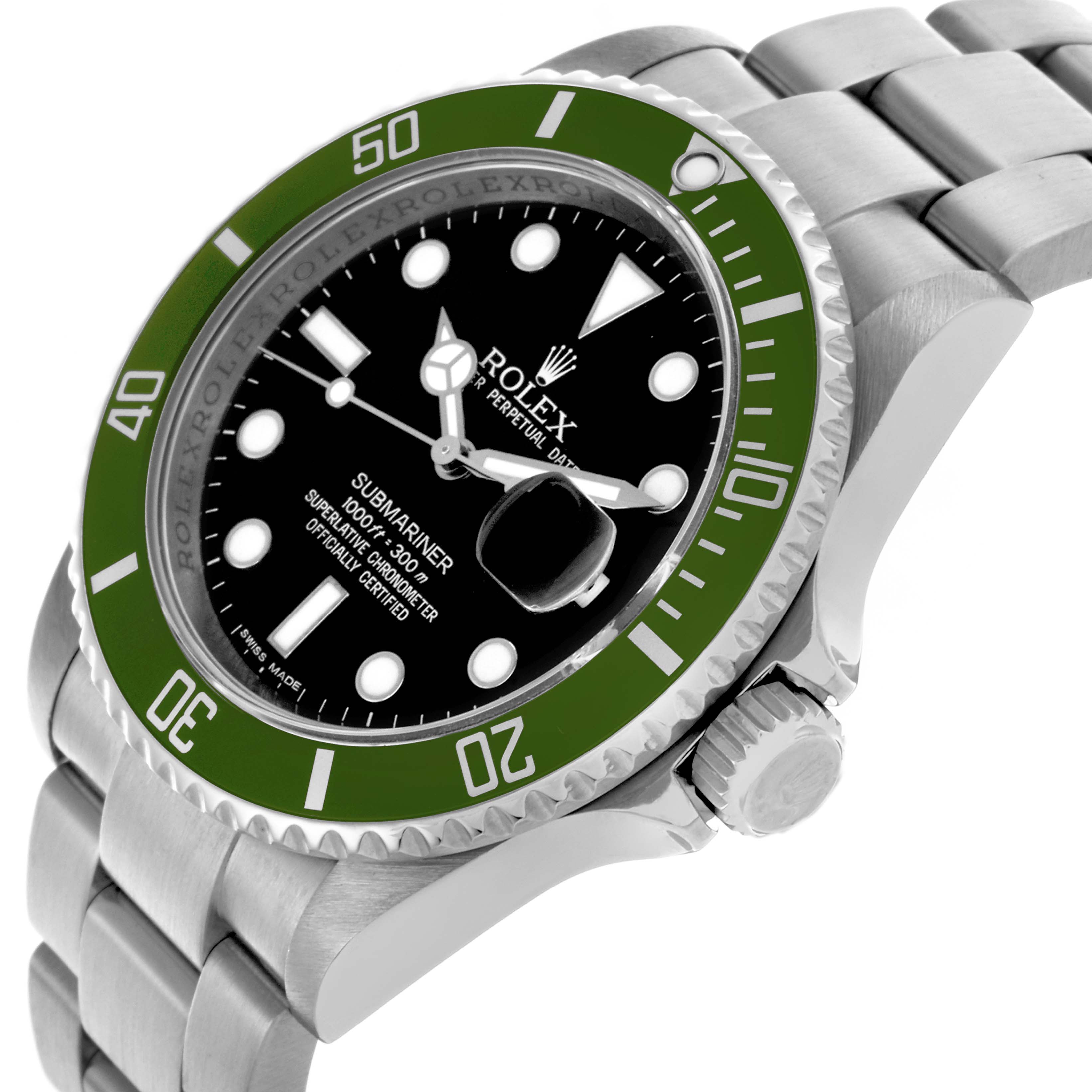 The Rolex Submariner 16610LV Men's Stainless Steel Black Dial 16610LV Men's Stainless Steel Black Dial watch is shown at a slight side angle, highlighting its face, bezel, crown, and bracelet links.