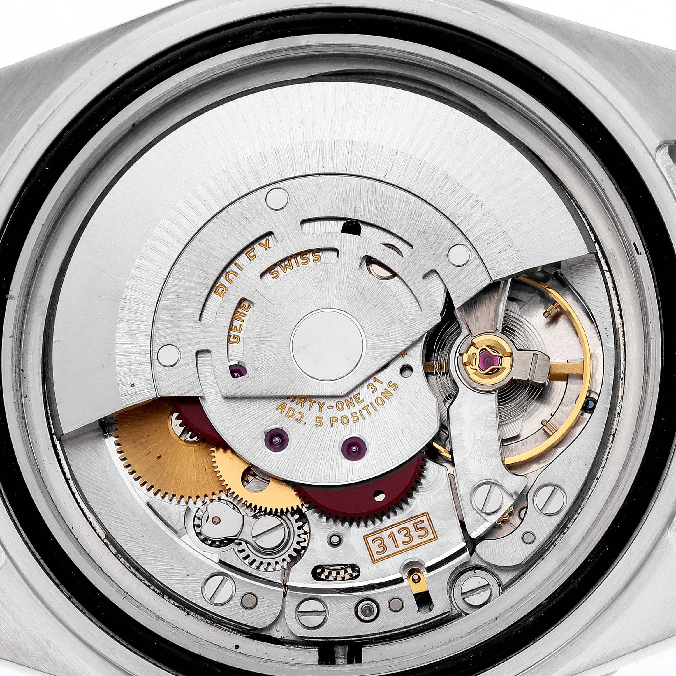 The image shows the Rolex Submariner 16610LV Men's Stainless Steel Black Dial 16610LV Men's Stainless Steel Black Dial's movement components, viewed from the back, highlighting gears and mechanisms.