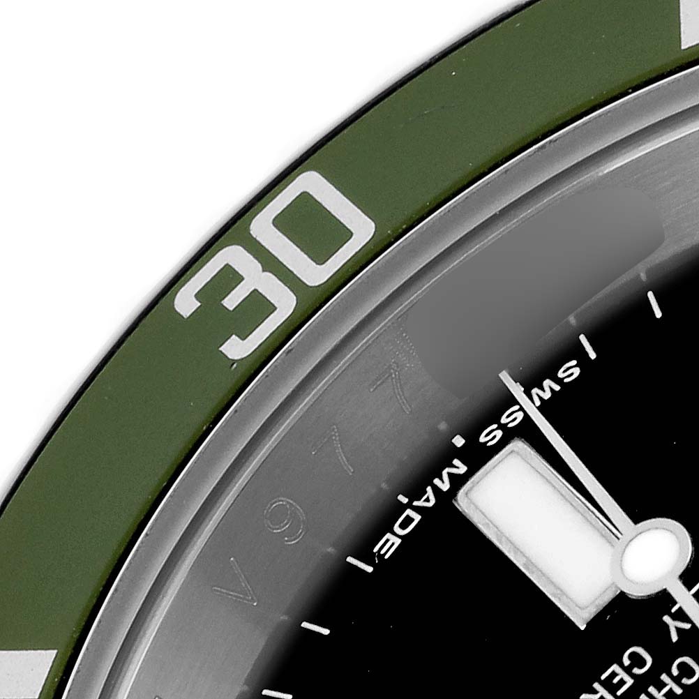 The image shows a close-up of the bezel, dial, and minute hand of a Rolex Submariner 16610LV Men's Stainless Steel Black Dial 16610LV Men's Stainless Steel Black Dial watch.