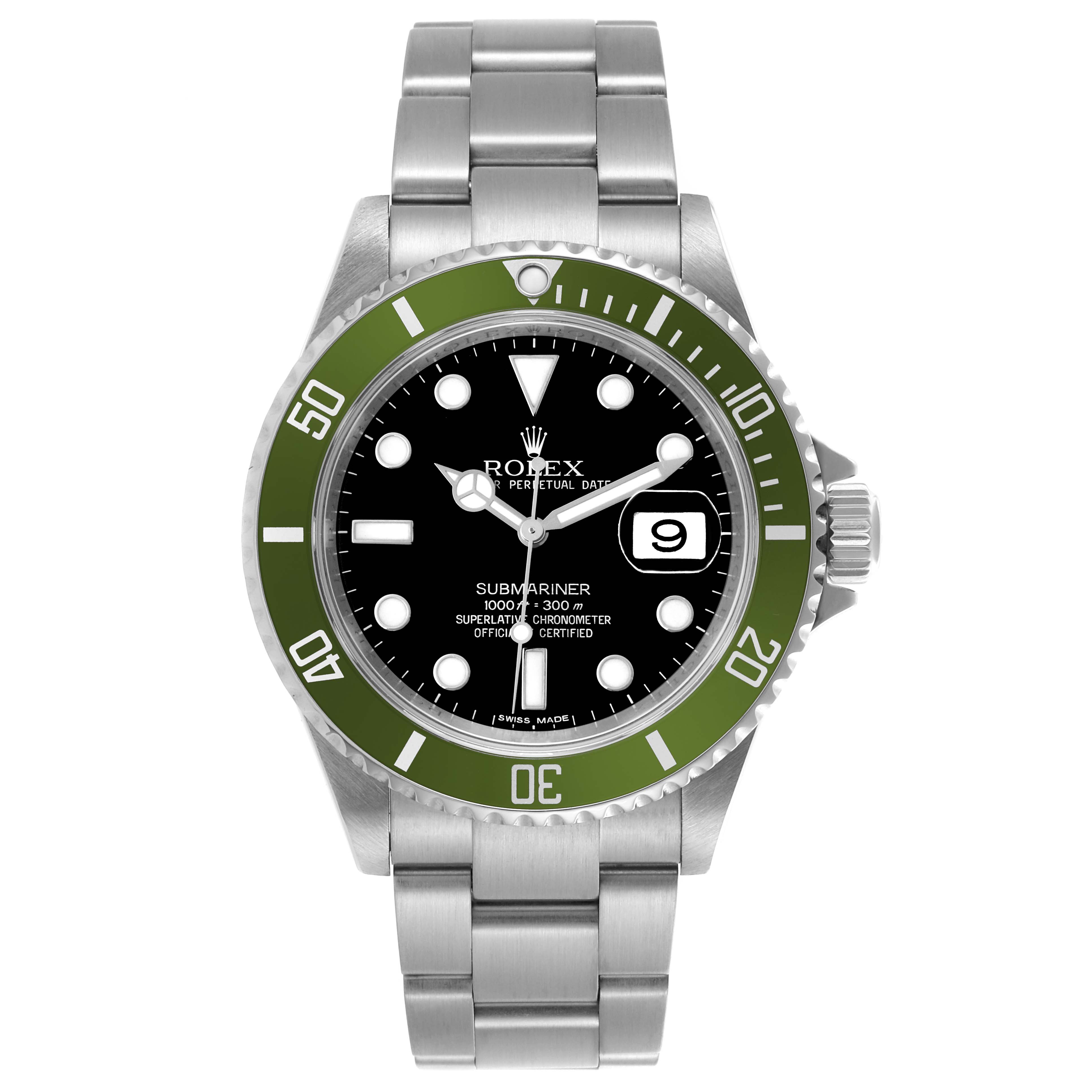The Rolex Submariner 16610LV Men's Stainless Steel Black Dial 16610LV Men's Stainless Steel Black Dial is shown from a front angle, displaying the face, bezel, hands, bracelet, and crown.