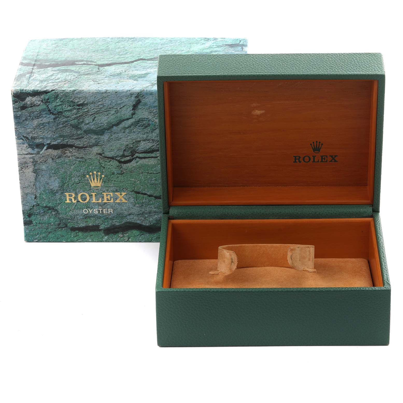 The image shows an open green Rolex watch box and outer box for the Submariner model, viewed from the front.