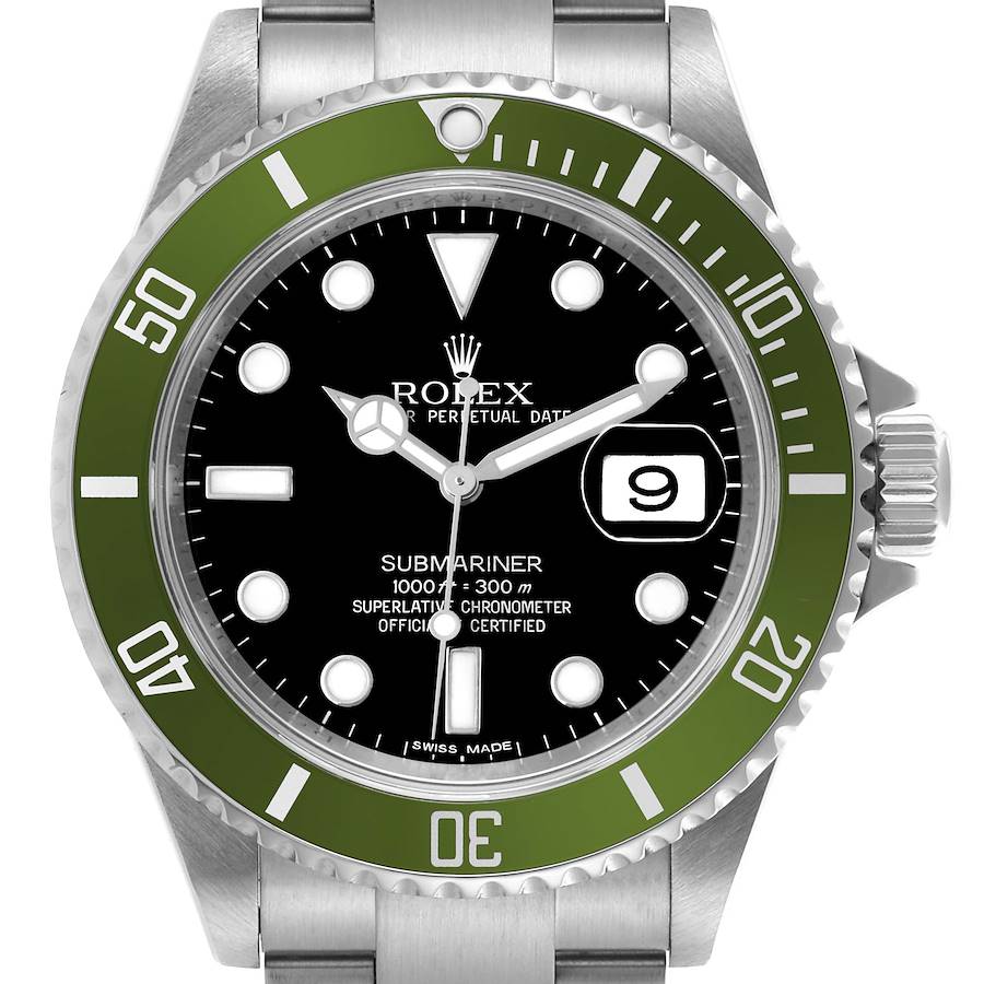 The Rolex Submariner watch is shown from a front angle, displaying the bezel, dial, and crown.