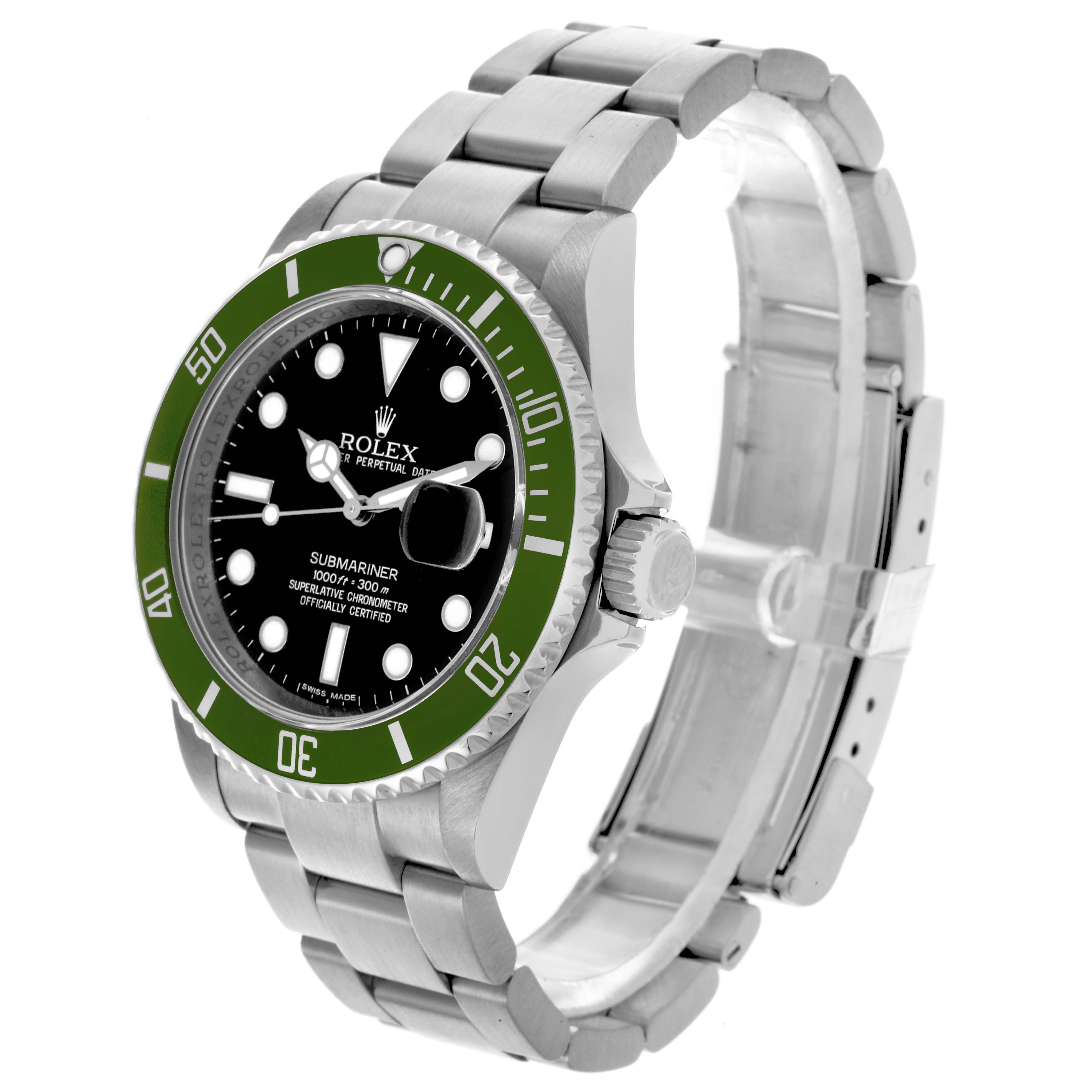 The Rolex Submariner 16610LV Men's Stainless Steel Black Dial 16610LV Men's Stainless Steel Black Dial is shown from an angled side view, displaying the dial, bezel, bracelet, and clasp.