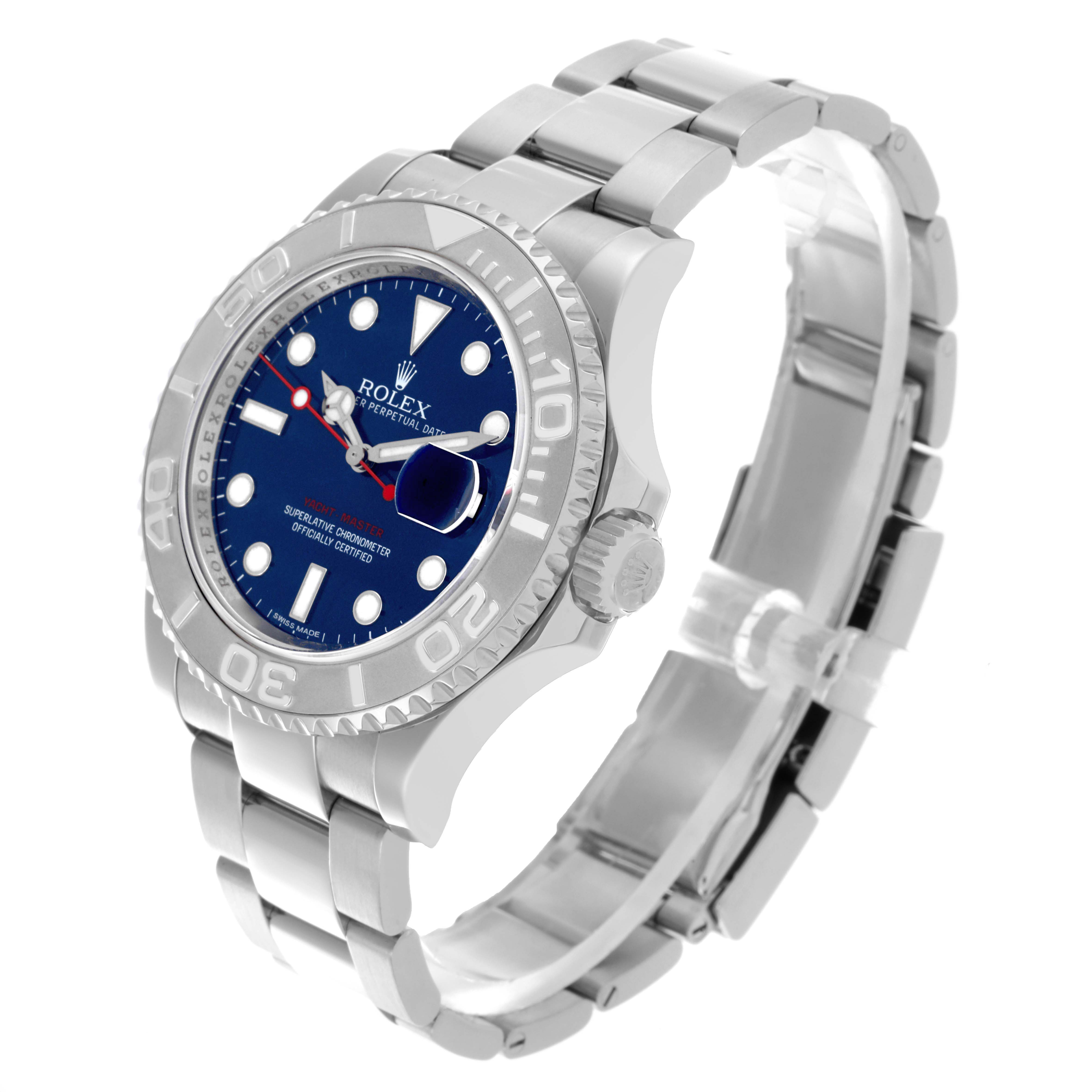 The Rolex Yacht-Master 116622 Men's Stainless Steel Blue Dial 116622 Men's Stainless Steel Blue Dial watch is angled to show the face, bezel, crown, and bracelet.