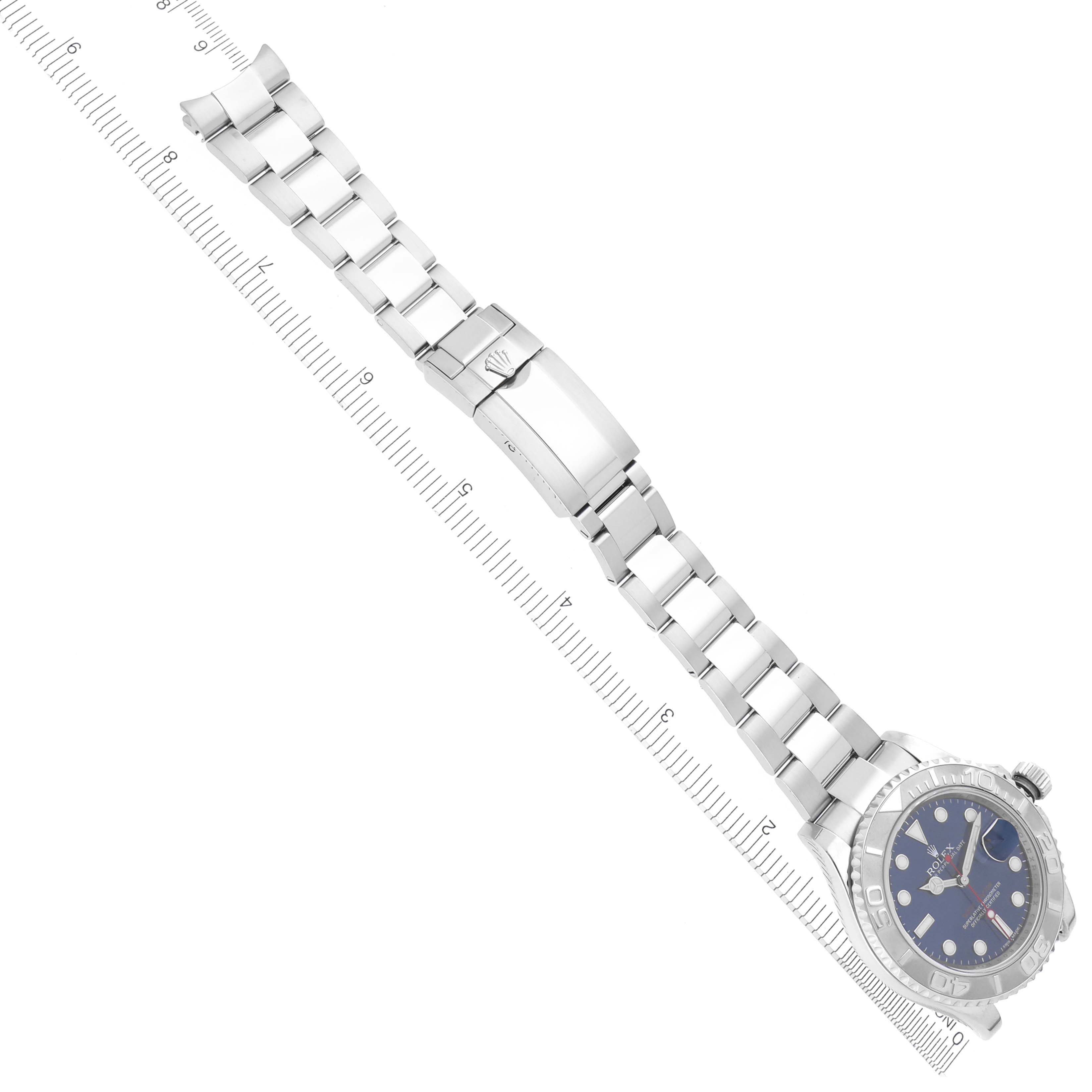 The Rolex Yacht-Master 116622 Men's Stainless Steel Blue Dial 116622 Men's Stainless Steel Blue Dial watch is shown from an overhead angle, displaying the bracelet, clasp, and face.