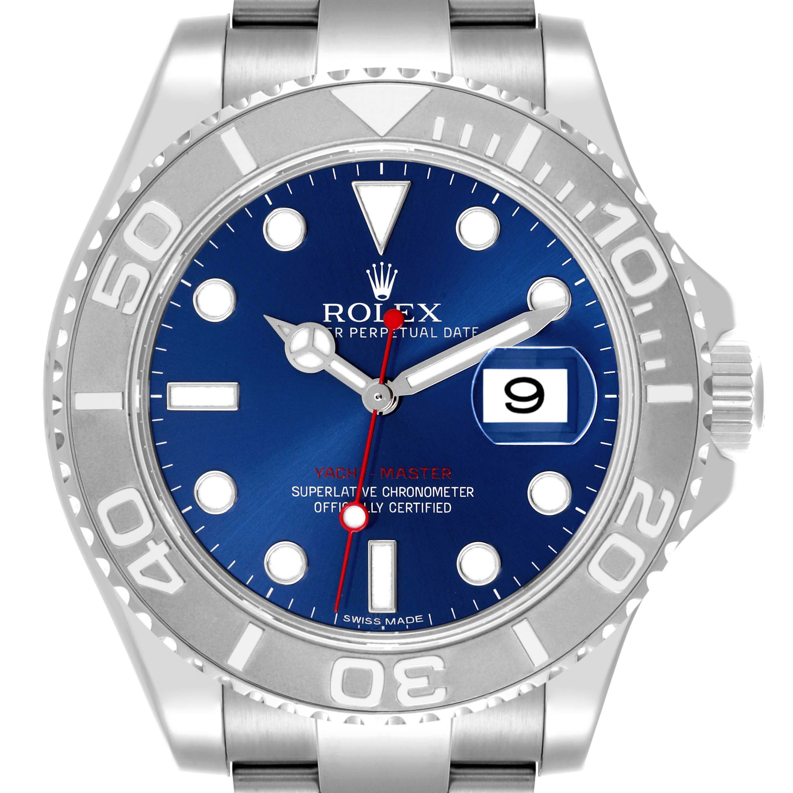 The Rolex Yacht-Master 116622 Men's Stainless Steel Blue Dial 116622 Men's Stainless Steel Blue Dial watch is shown from the front, displaying the dial, bezel, and partial bracelet.