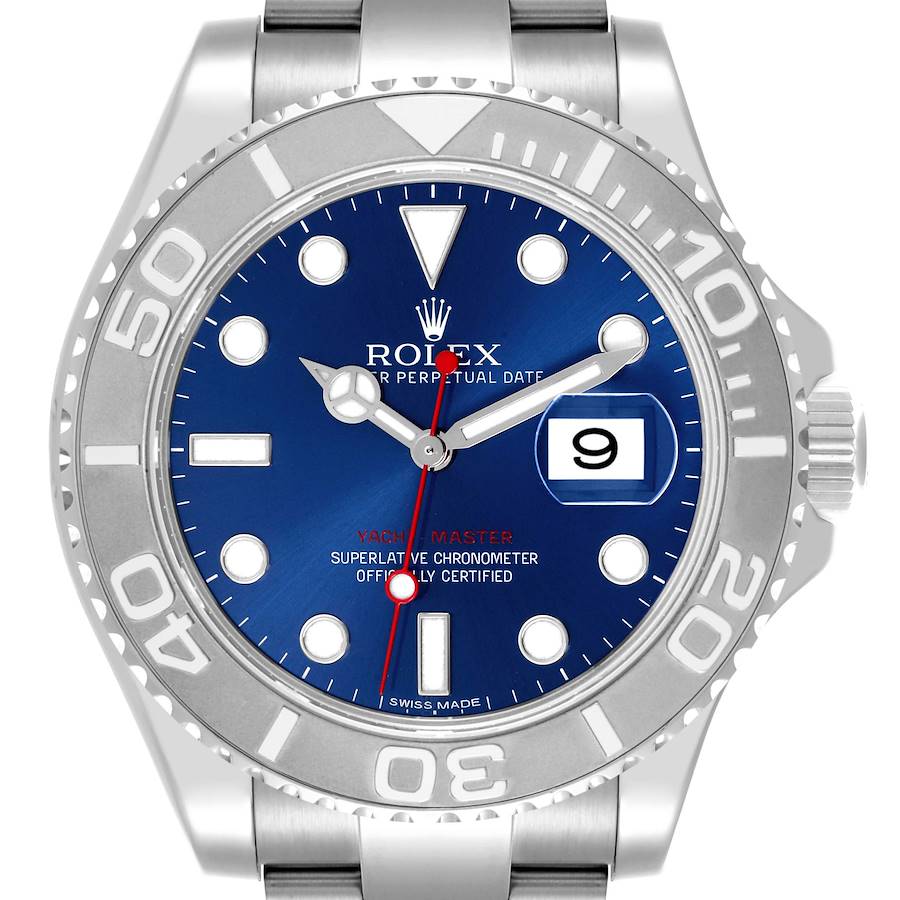 The Rolex Yacht-Master watch is shown from the front, displaying the dial, bezel, and partial bracelet.