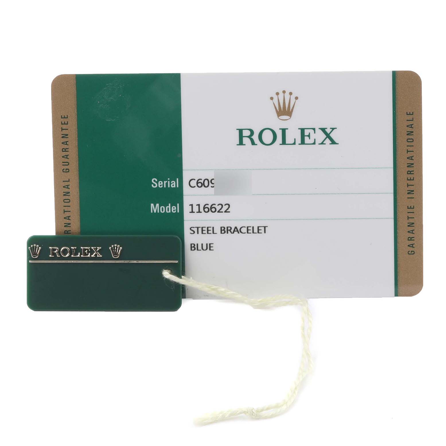 The image displays a Rolex Yacht-Master 116622 Men's Stainless Steel Blue Dial 116622 Men's Stainless Steel Blue Dial model guarantee card and green tag, showcasing model and serial details.