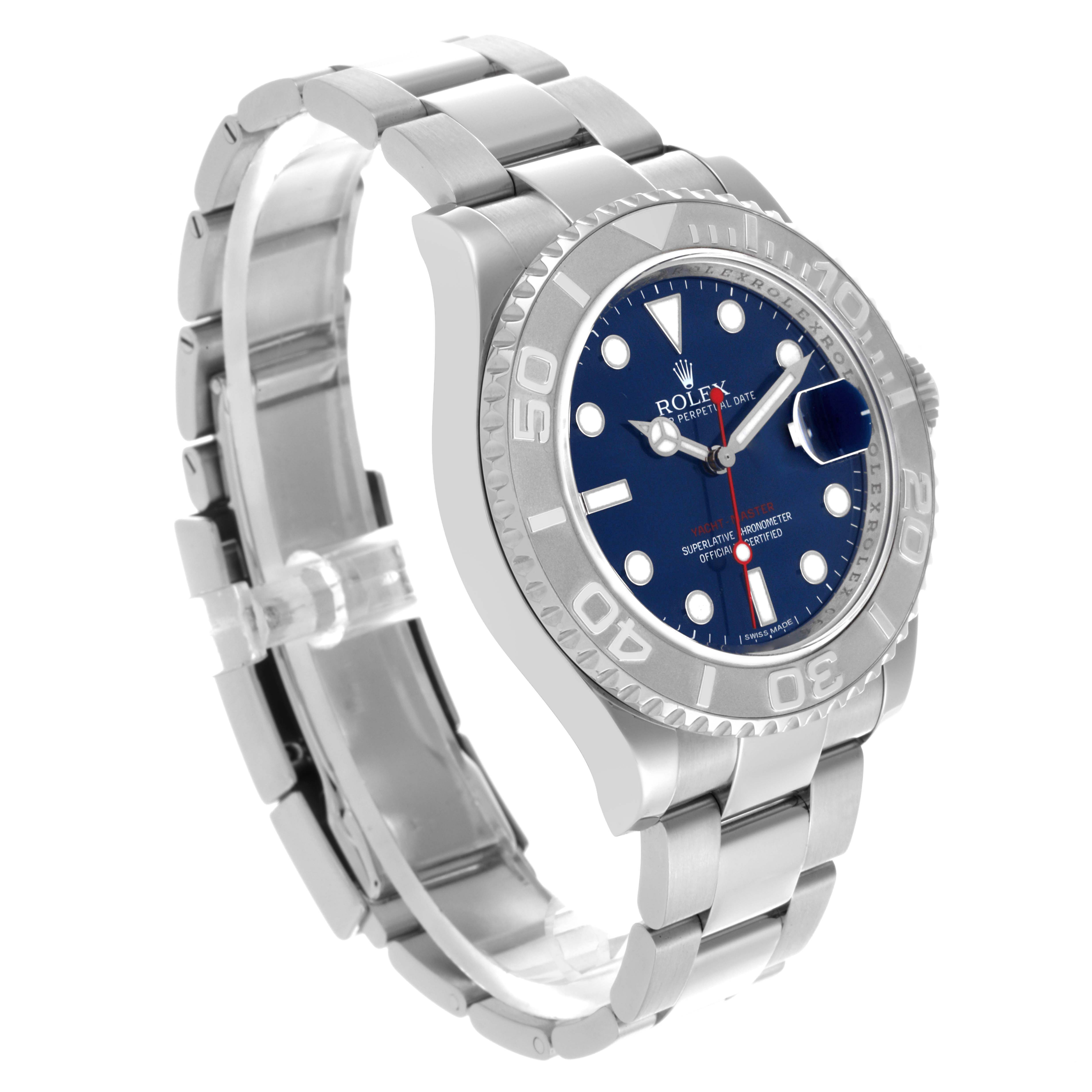 The Rolex Yacht-Master 116622 Men's Stainless Steel Blue Dial 116622 Men's Stainless Steel Blue Dial watch is shown at a three-quarter angle, featuring its dial, bezel, and bracelet.