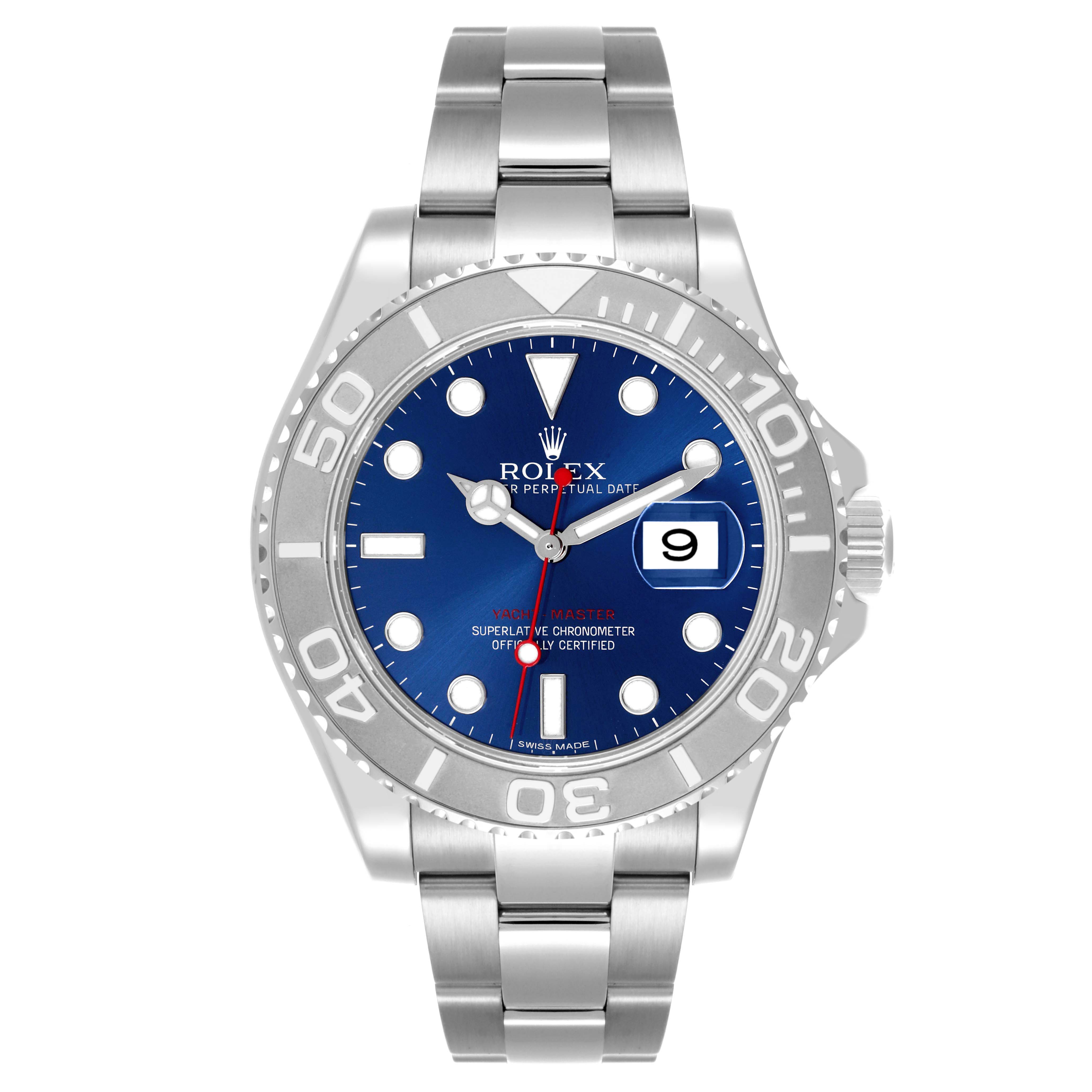 The Rolex Yacht-Master 116622 Men's Stainless Steel Blue Dial 116622 Men's Stainless Steel Blue Dial watch is shown from a straight-on view, displaying the bezel, dial, hands, date, and bracelet.