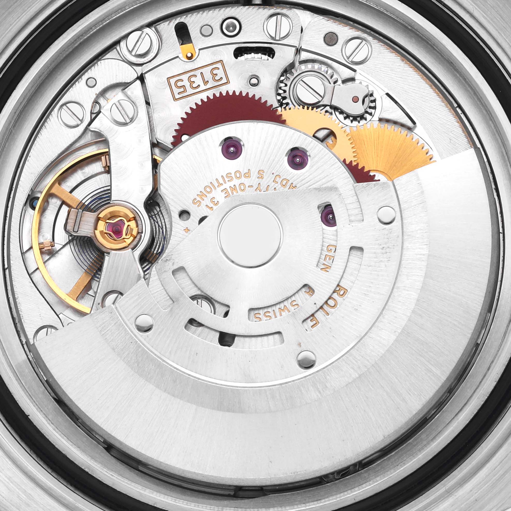 The image shows the intricate movement and components of a Rolex Yacht-Master 116622 Men's Stainless Steel Blue Dial 116622 Men's Stainless Steel Blue Dial watch from a rear angle.