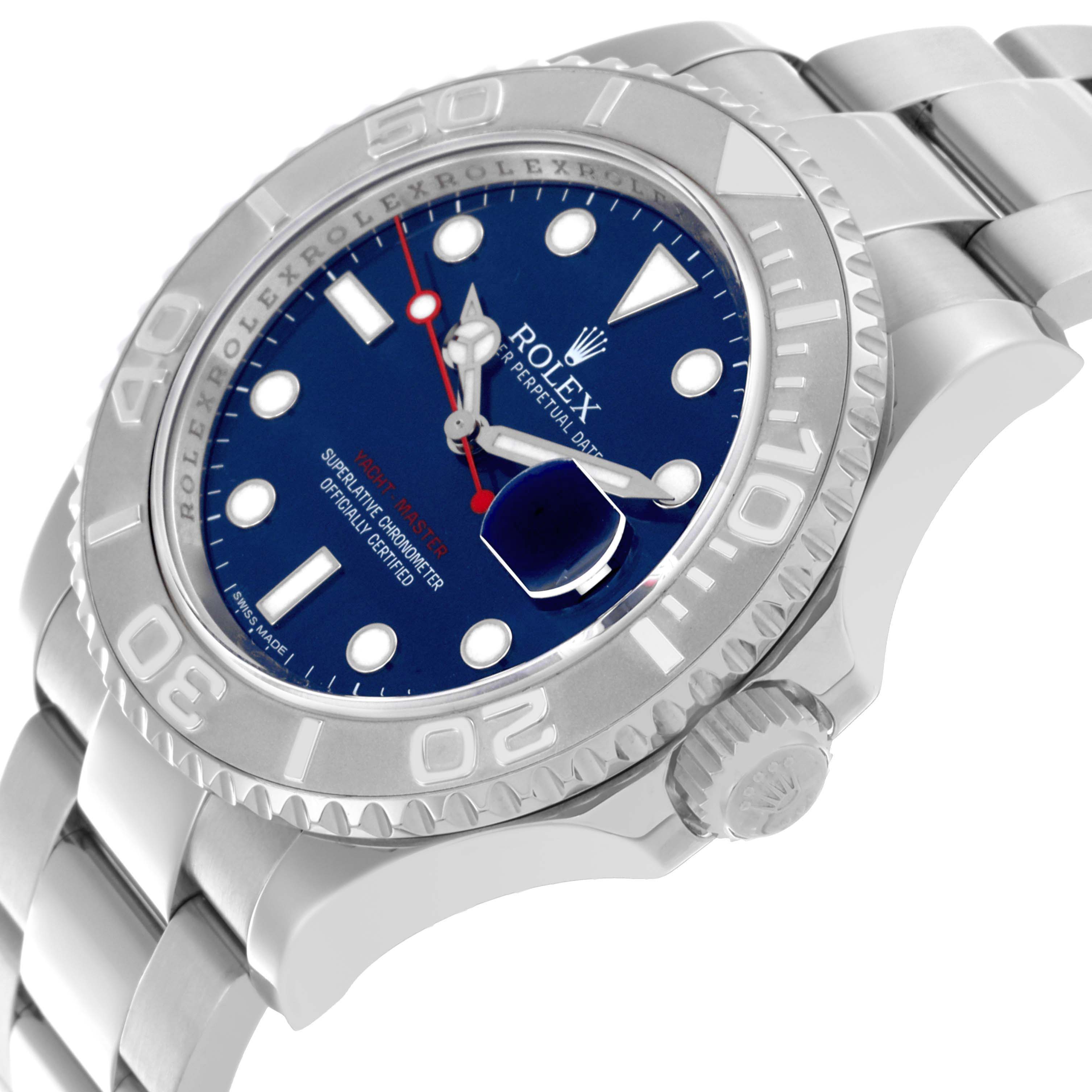 The Rolex Yacht-Master 116622 Men's Stainless Steel Blue Dial 116622 Men's Stainless Steel Blue Dial watch is shown from an angled side view, displaying the bezel, crown, and part of the bracelet.