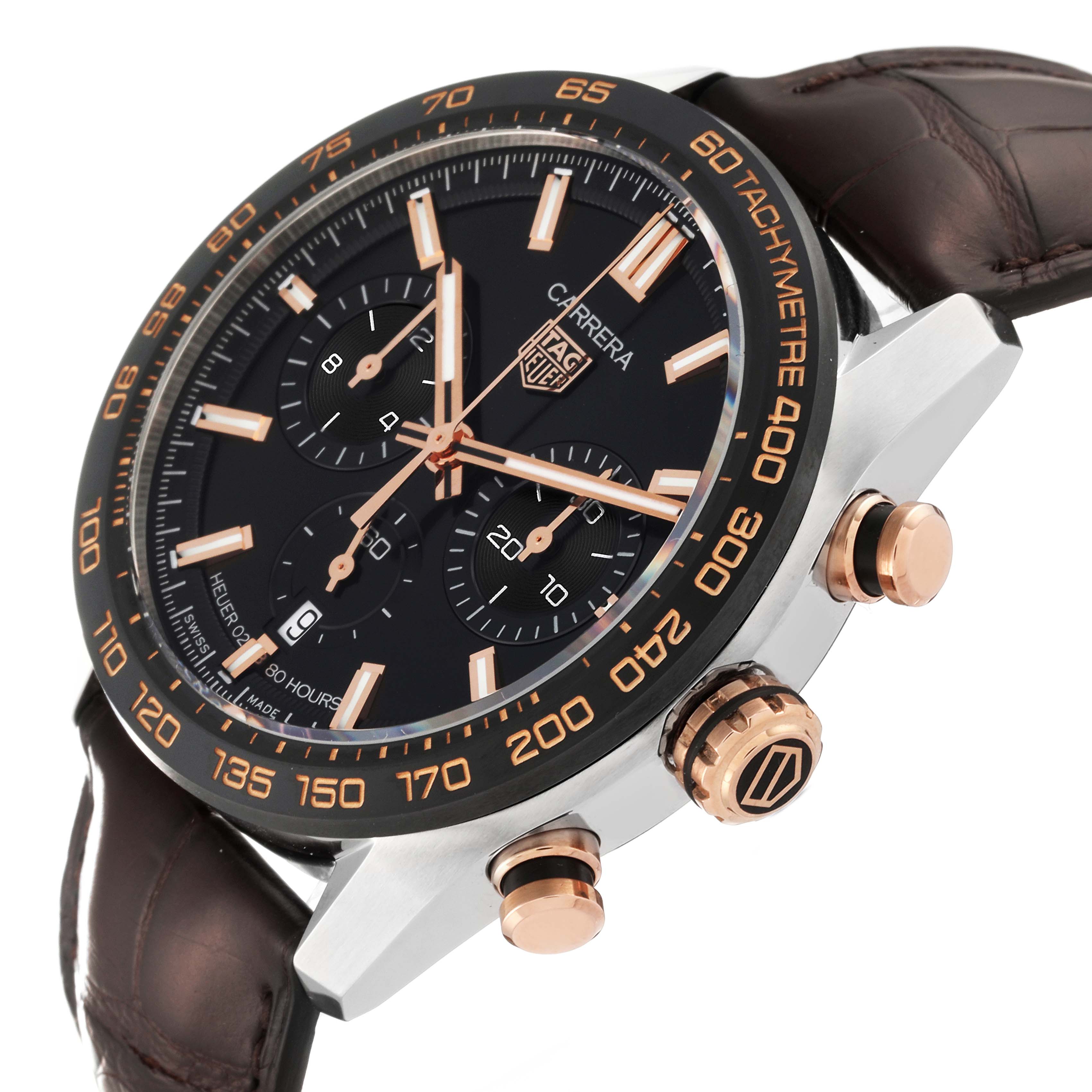 The image shows a Carrera model by Tag Heuer at a side angle, highlighting the dial, crown, and pushers with a leather strap.