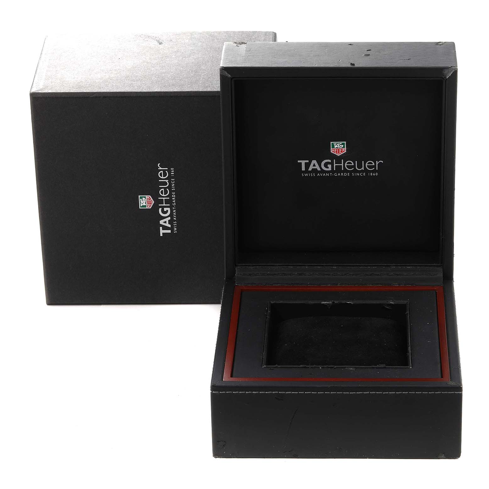 The image shows the open and closed black presentation box of a Tag Heuer Carrera CAS2112 Men's Stainless Steel Silver Dial CAS2112 Men's Stainless Steel Silver Dial model watch.