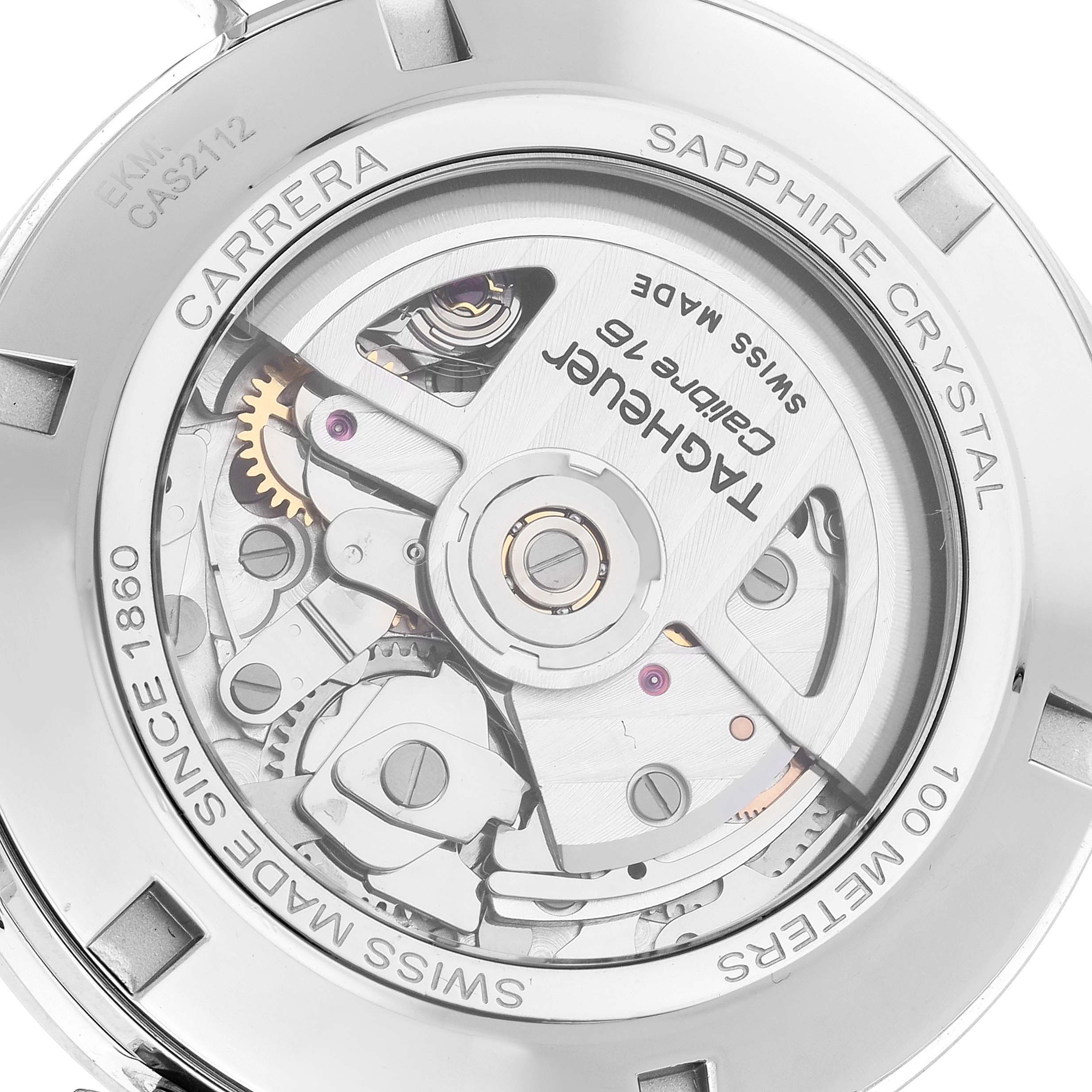 The image shows the back of the Tag Heuer Carrera CAS2112 Men's Stainless Steel Silver Dial CAS2112 Men's Stainless Steel Silver Dial watch, displaying its exposed movement and internal mechanics.