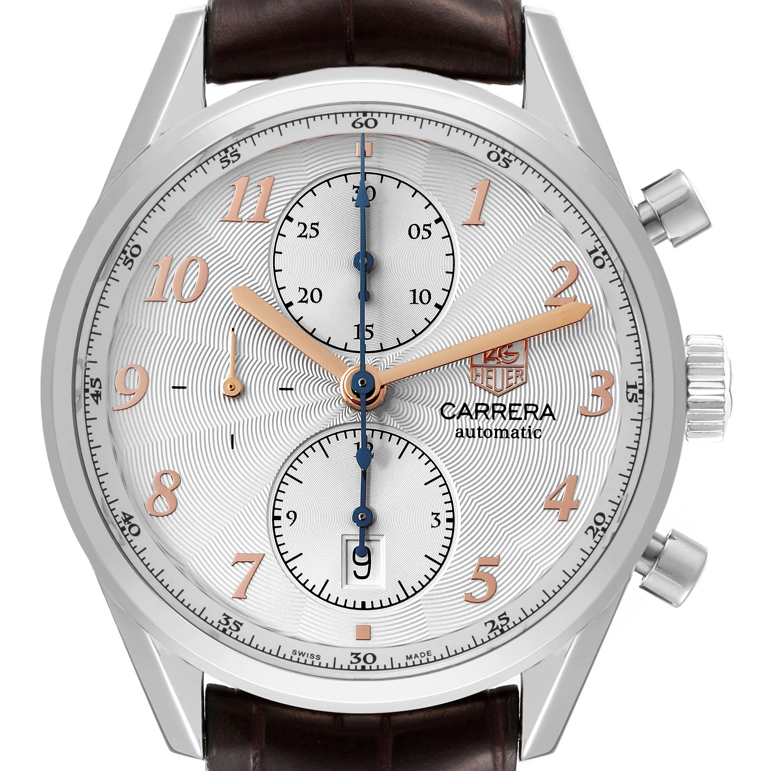 The image shows a close-up front view of a Tag Heuer Carrera CAS2112 Men's Stainless Steel Silver Dial CAS2112 Men's Stainless Steel Silver Dial watch, highlighting its dial, subdials, hands, and case.