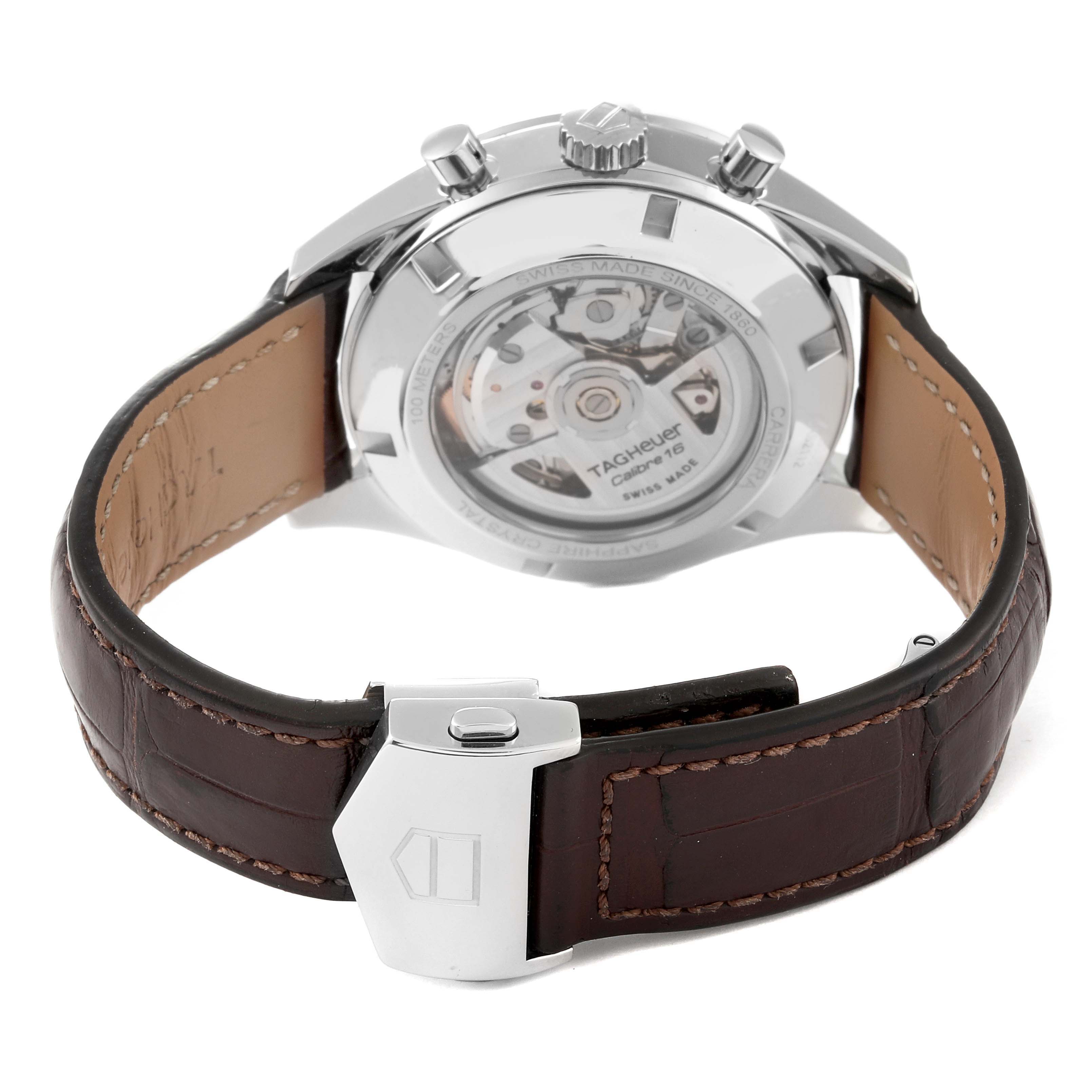 The image shows the back view of a Tag Heuer Carrera CAS2112 Men's Stainless Steel Silver Dial CAS2112 Men's Stainless Steel Silver Dial watch, highlighting the movement and leather strap.
