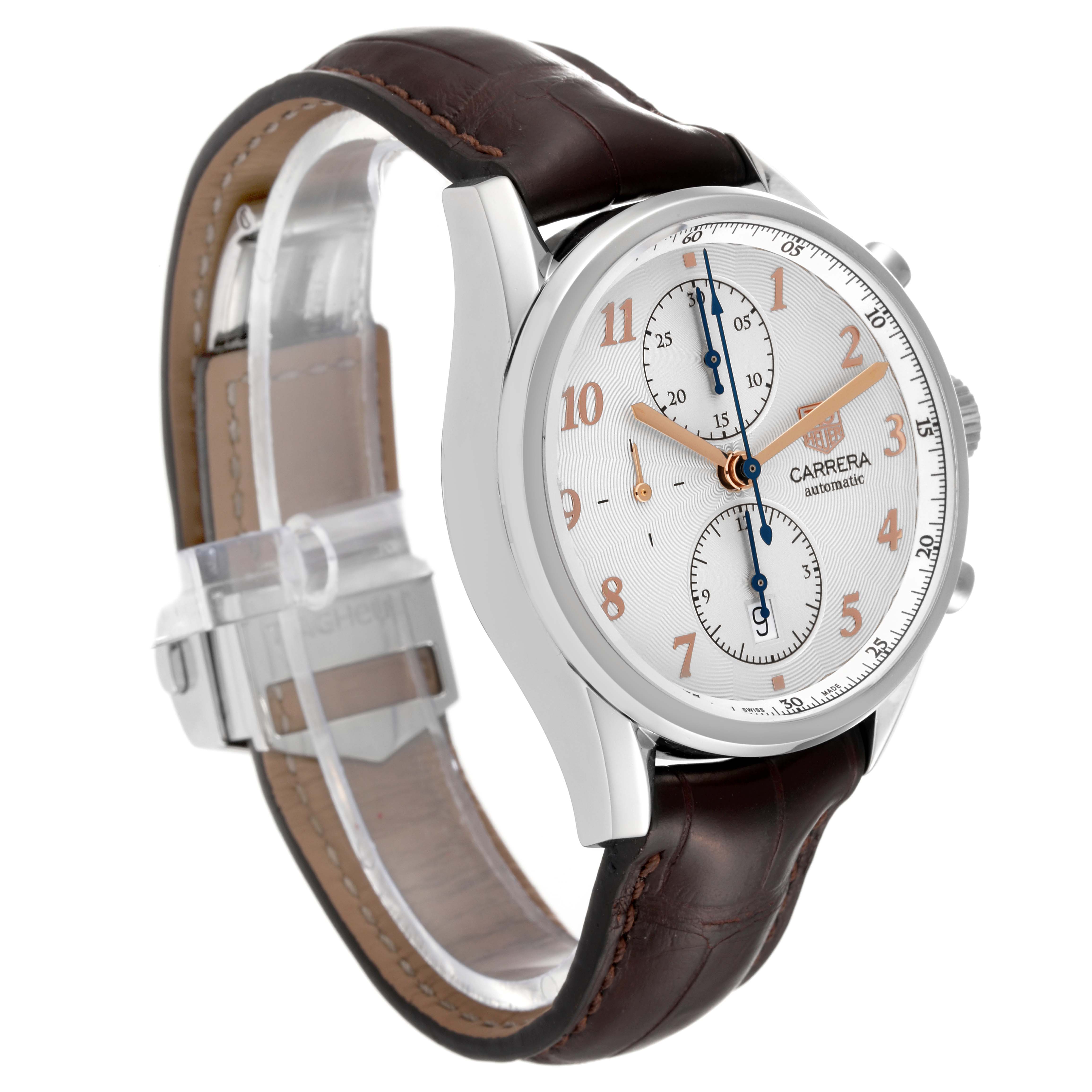 This image shows a Tag Heuer Carrera CAS2112 Men's Stainless Steel Silver Dial CAS2112 Men's Stainless Steel Silver Dial watch with a side angle, displaying its face, case, and leather strap.