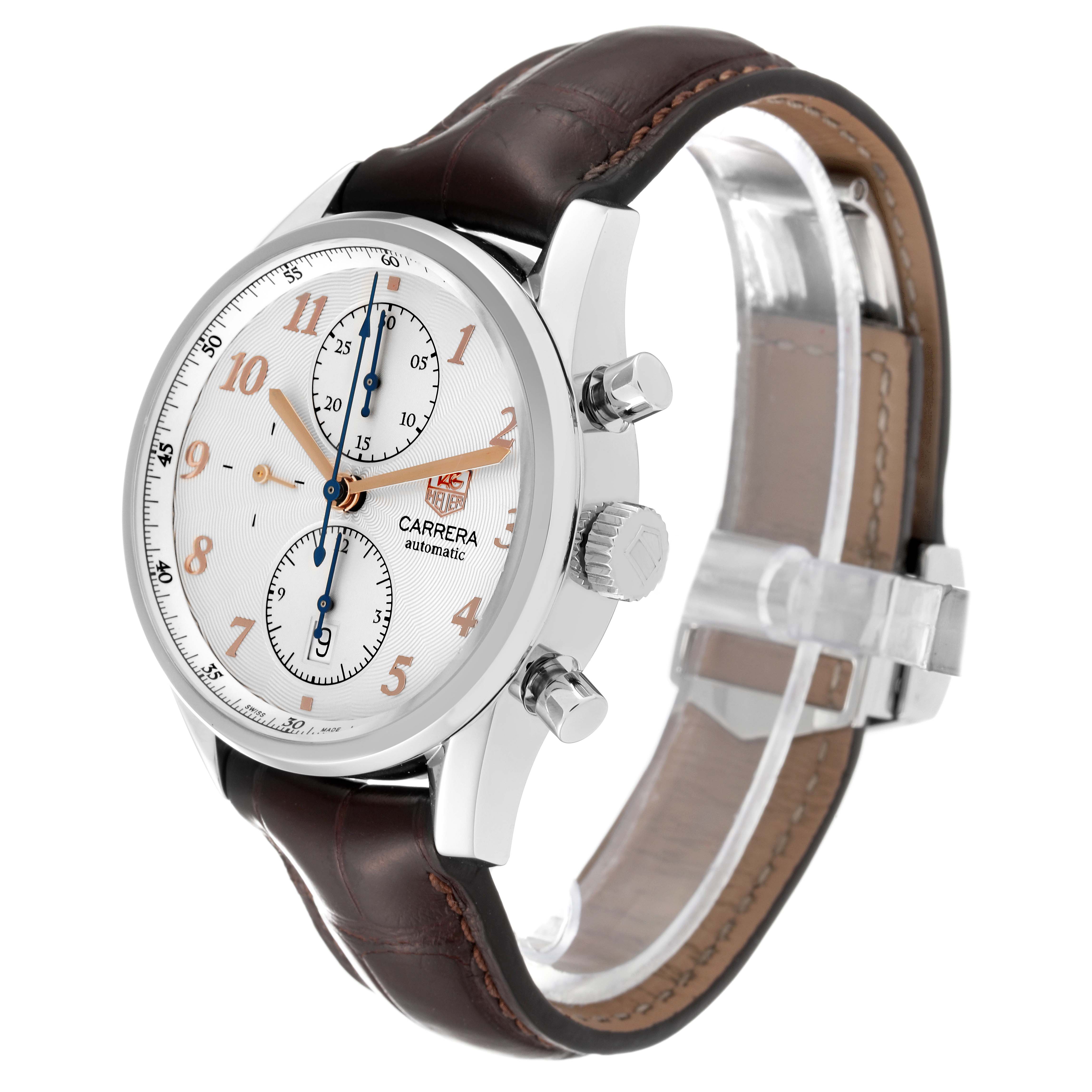 The image shows a side angle view of a Tag Heuer Carrera CAS2112 Men's Stainless Steel Silver Dial CAS2112 Men's Stainless Steel Silver Dial watch featuring its dial, crown, pushers, and leather strap.