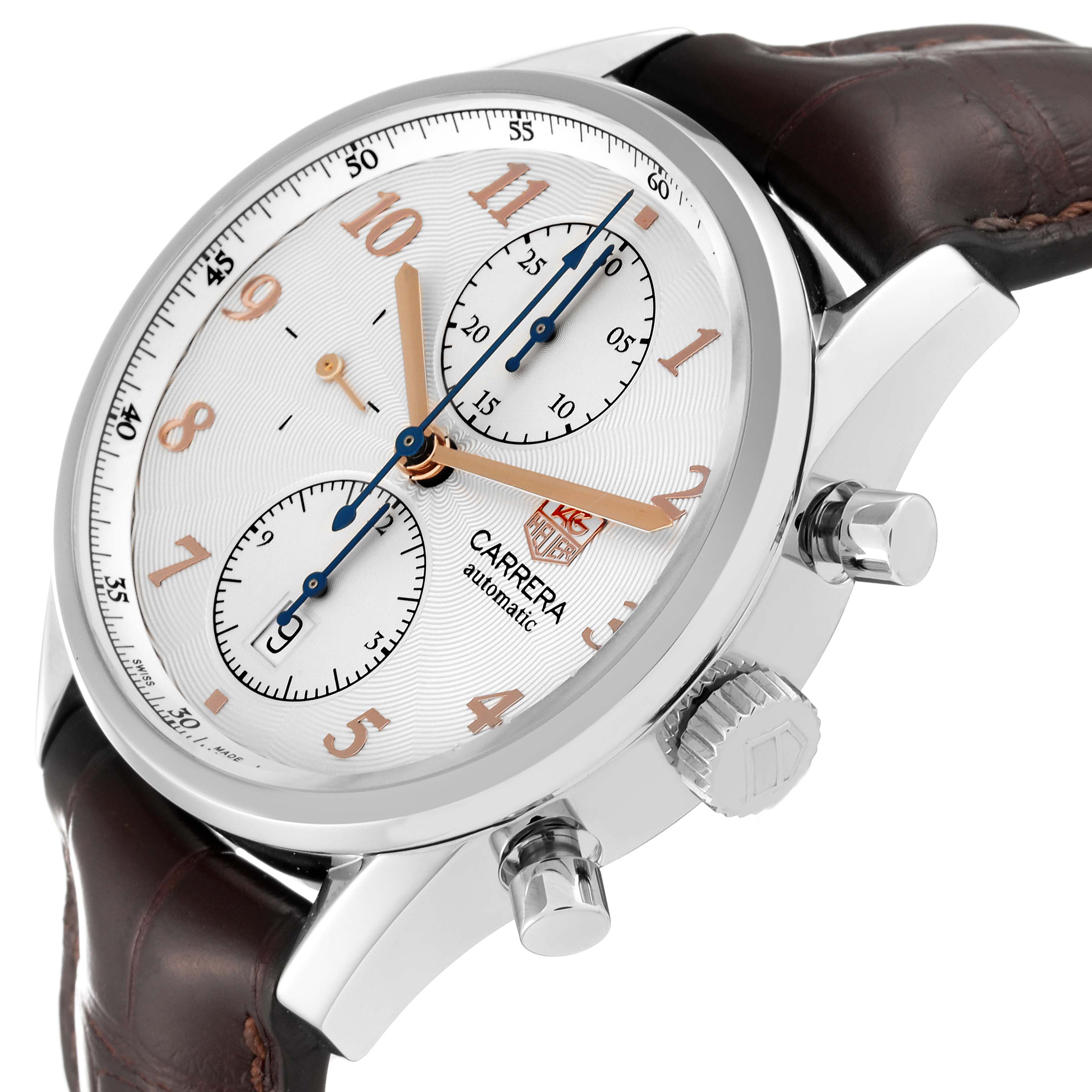 The image shows a side angle of the Tag Heuer Carrera CAS2112 Men's Stainless Steel Silver Dial CAS2112 Men's Stainless Steel Silver Dial watch, displaying the dial, crown, pushers, and part of the leather strap.