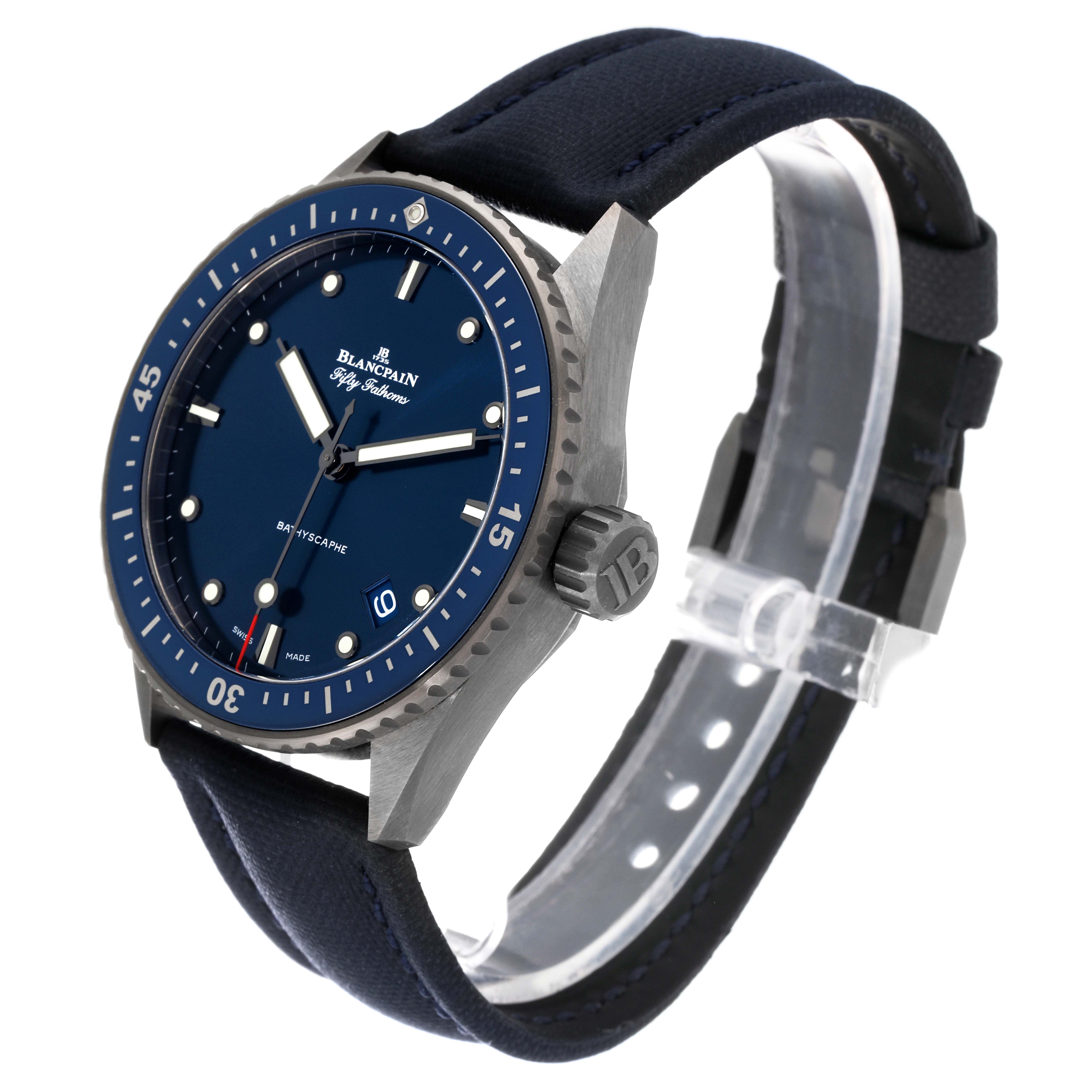 The Blancpain Fifty Fathoms 5000-0240-052A Men's Ceramic Blue Dial 5000-0240-052A Men's Ceramic Blue Dial watch is shown at a three-quarter angle, highlighting the face, bezel, crown, and strap.