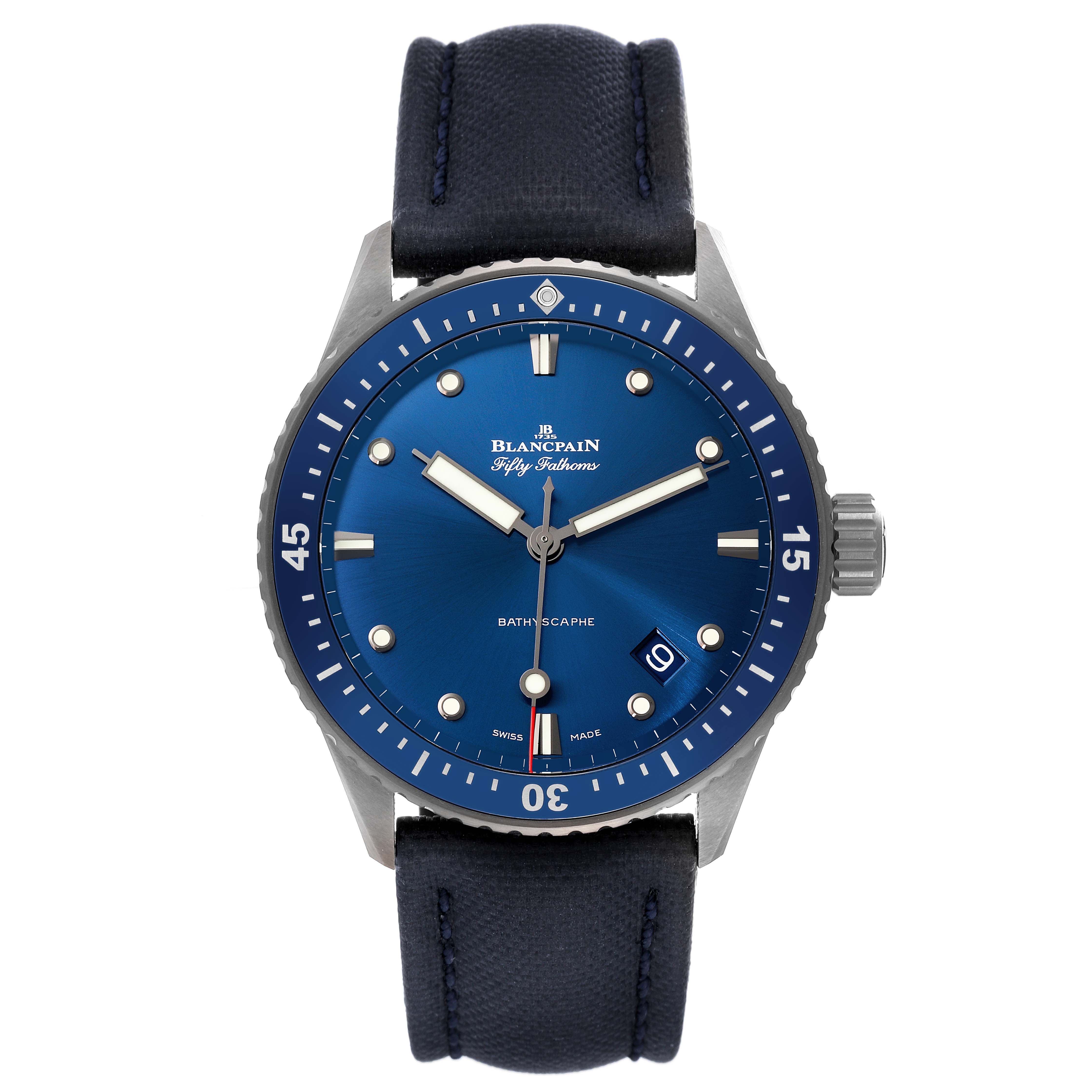 The Blancpain Fifty Fathoms 5000-0240-052A Men's Ceramic Blue Dial 5000-0240-052A Men's Ceramic Blue Dial watch is shown in front view, featuring its blue dial, bezel, and strap.