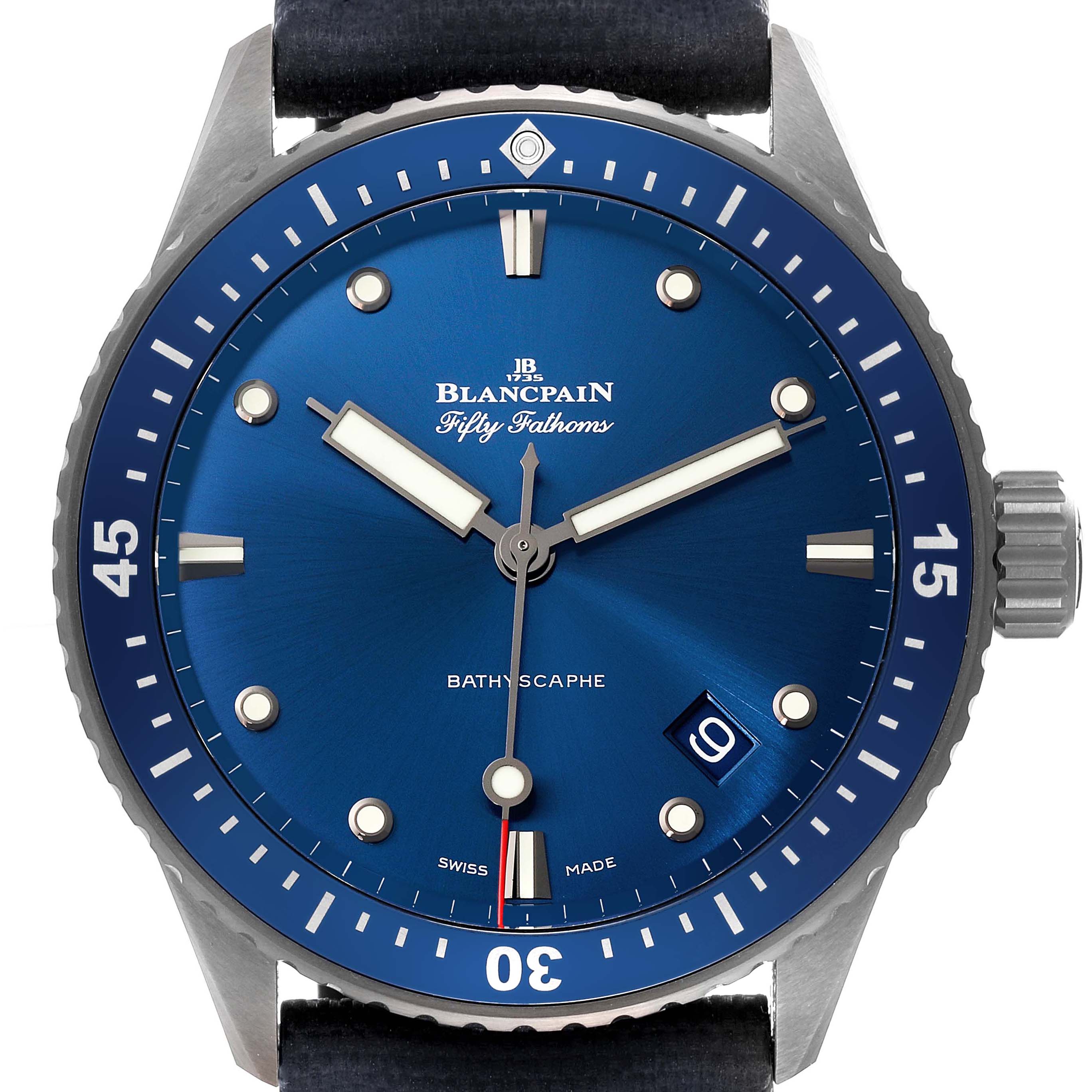 Front view of the Blancpain Fifty Fathoms 5000-0240-052A Men's Ceramic Blue Dial 5000-0240-052A Men's Ceramic Blue Dial Bathyscaphe watch, showing the blue dial, bezel, hour markers, and date window.