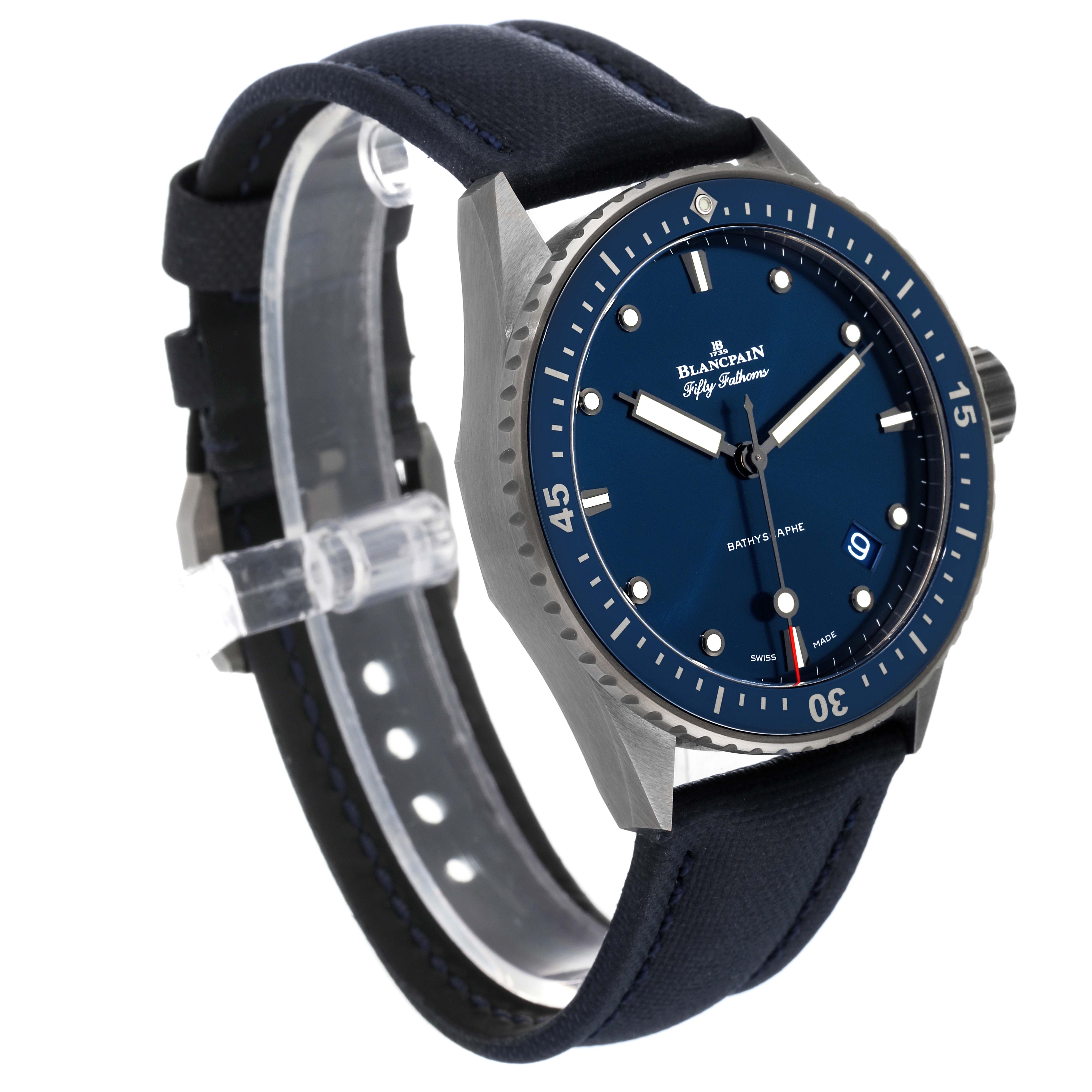 The image shows a Blancpain Fifty Fathoms 5000-0240-052A Men's Ceramic Blue Dial 5000-0240-052A Men's Ceramic Blue Dial watch at a three-quarter angle, highlighting the face, bezel, and strap.