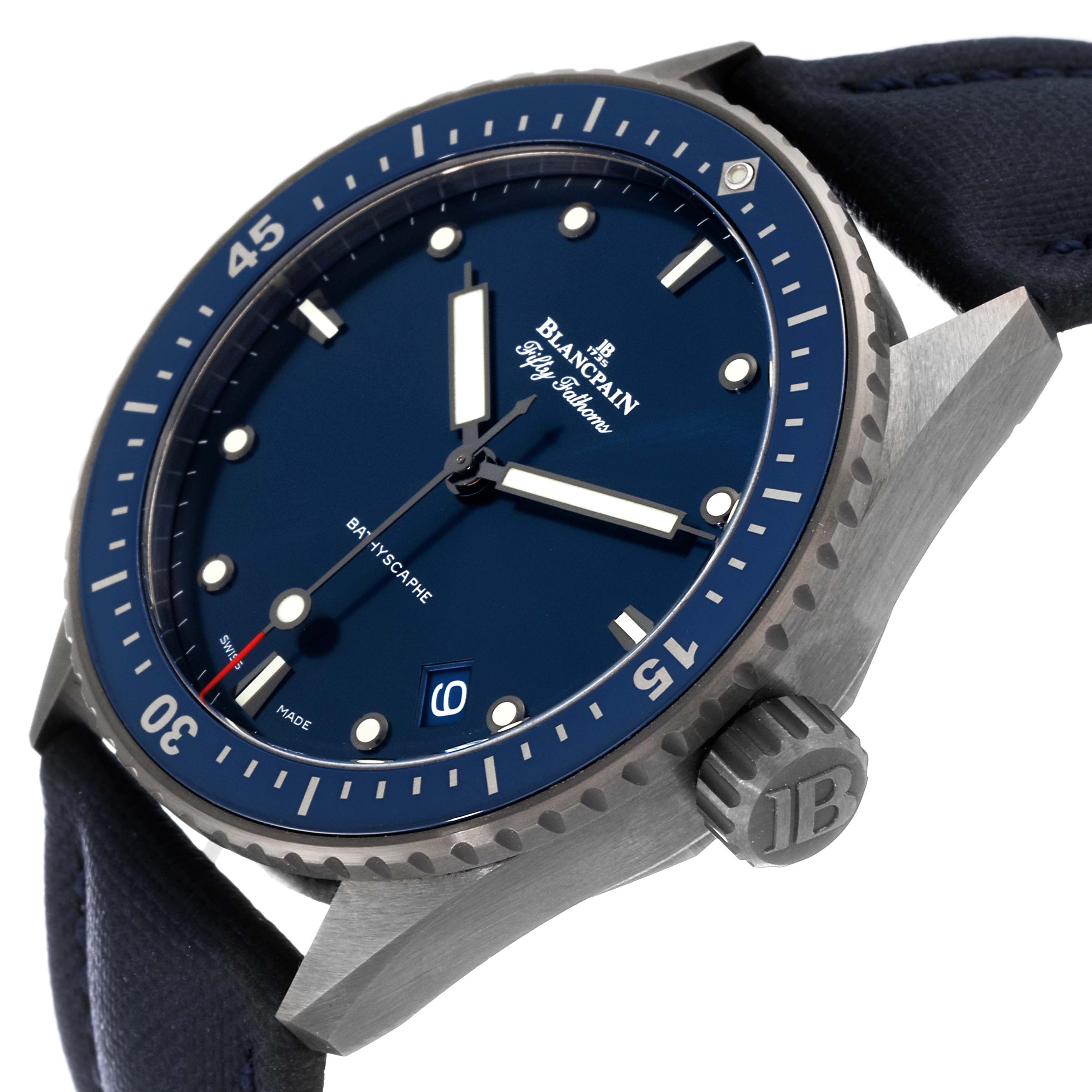 This is an angled view of the Blancpain Fifty Fathoms 5000-0240-052A Men's Ceramic Blue Dial 5000-0240-052A Men's Ceramic Blue Dial watch showing the dial, bezel, crown, and part of the strap.