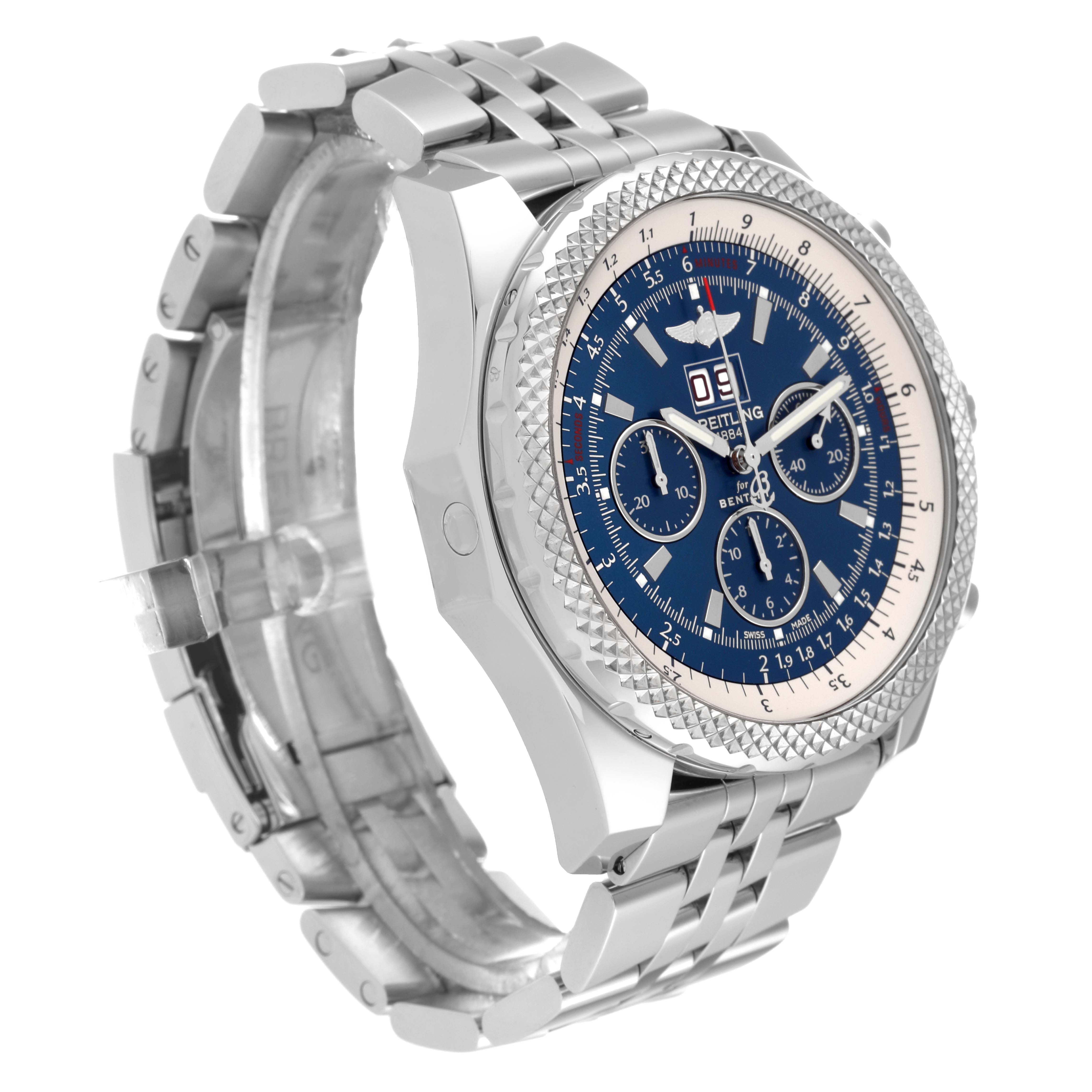 The image shows a side angle of a Breitling Bentley A44364 Men's Stainless Steel Blue Dial A44364 Men's Stainless Steel Blue Dial model watch, highlighting the face, bezel, and part of the metal band.