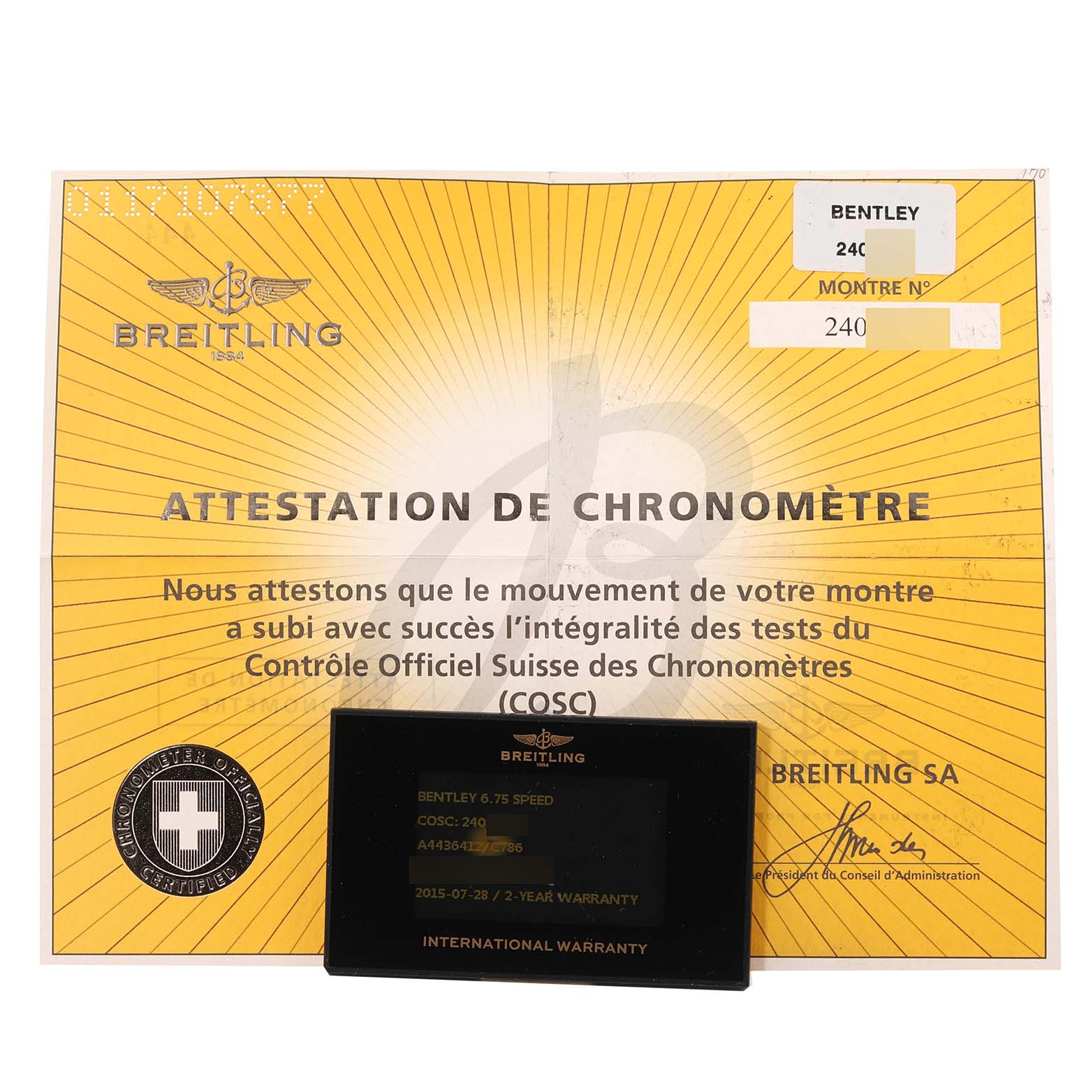 The image shows the warranty and certification papers for a Bentley model by Breitling watch.