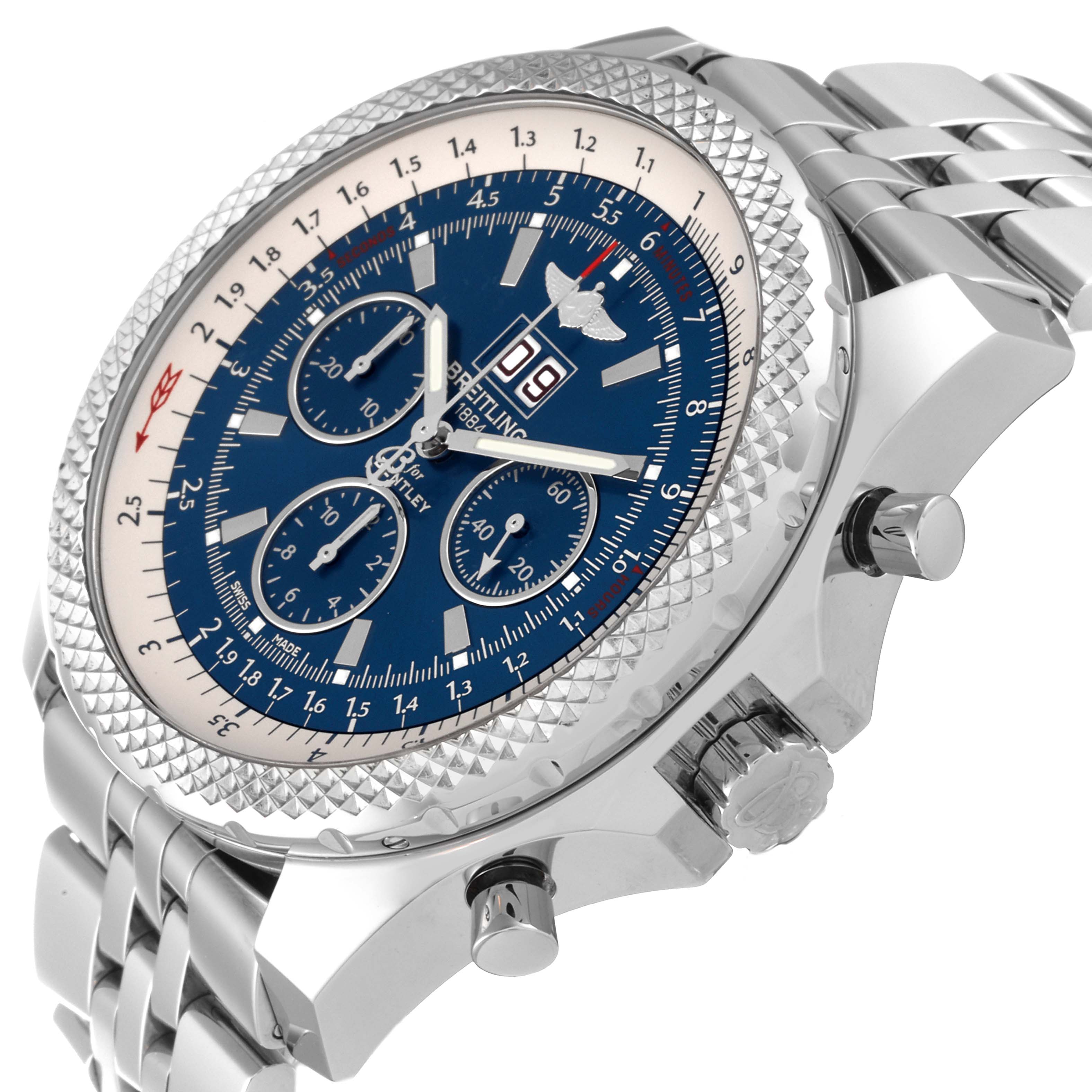 This image shows a close-up angle of the Breitling Bentley A44364 Men's Stainless Steel Blue Dial A44364 Men's Stainless Steel Blue Dial watch, displaying its dial, case, bezel, buttons, and part of the bracelet.