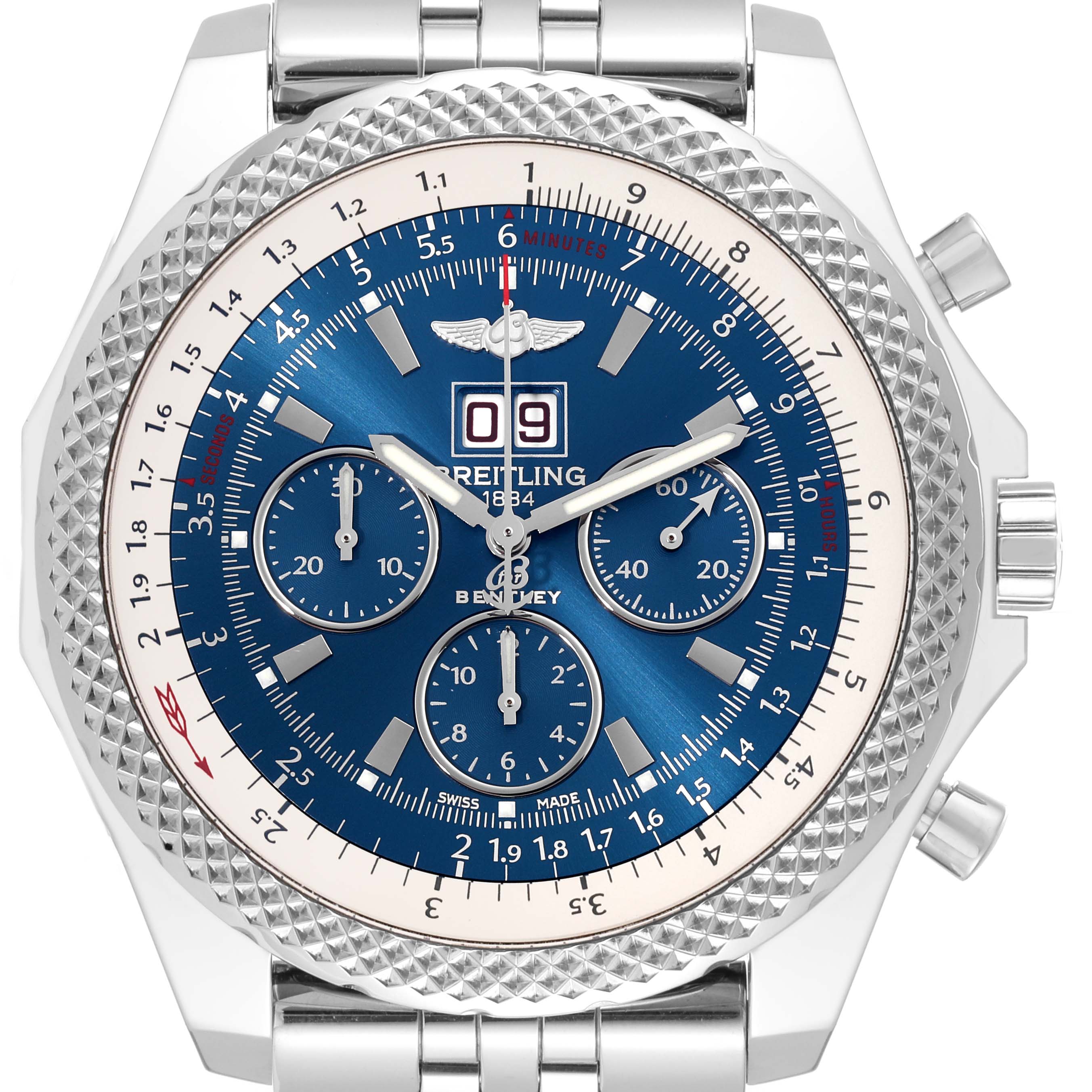 This image showcases a Bentley model watch by Breitling from a front angle, highlighting the dial, bezel, and strap.