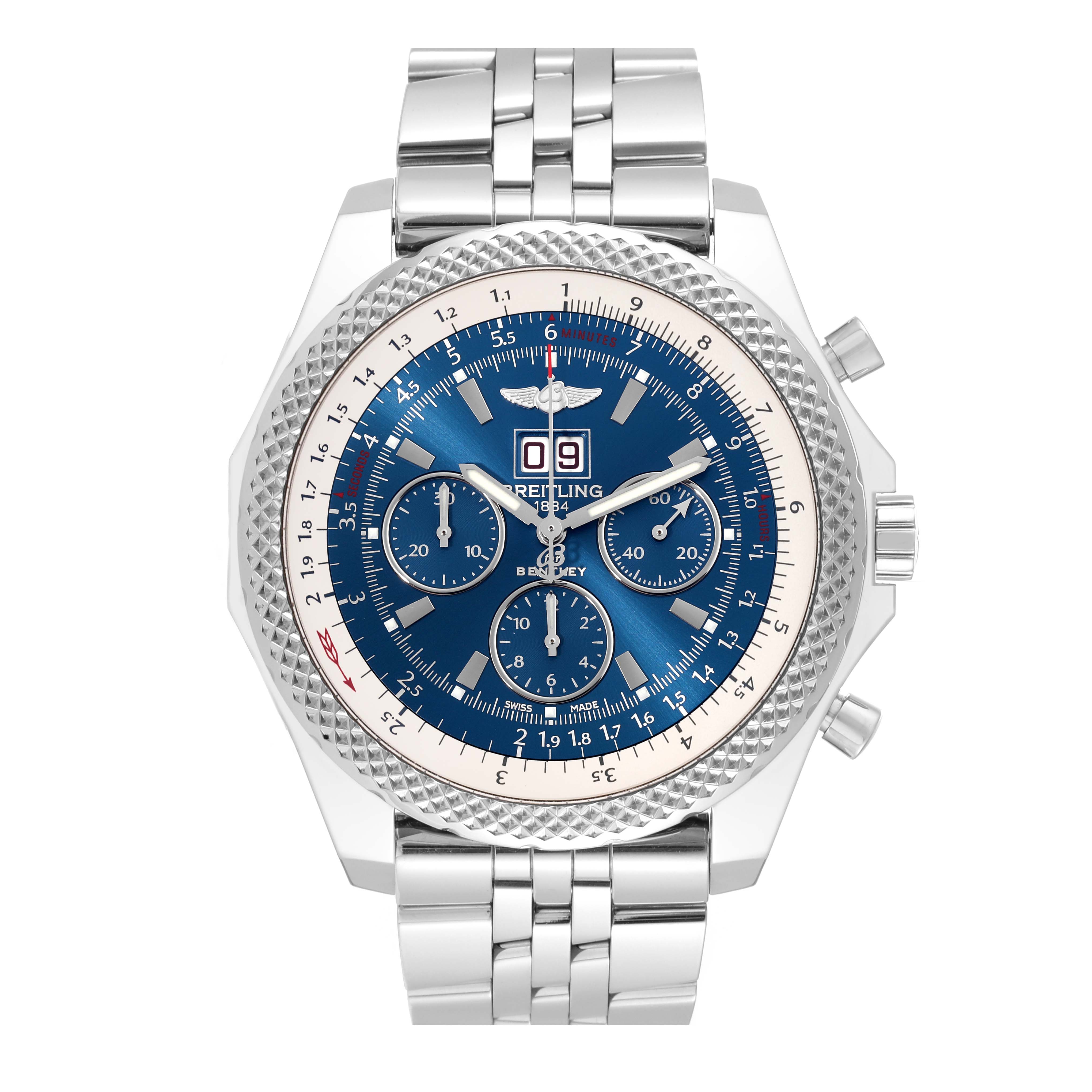 This image shows a front view of the Breitling Bentley A44364 Men's Stainless Steel Blue Dial A44364 Men's Stainless Steel Blue Dial model watch, displaying its blue dial, chronographs, and metal bracelet.