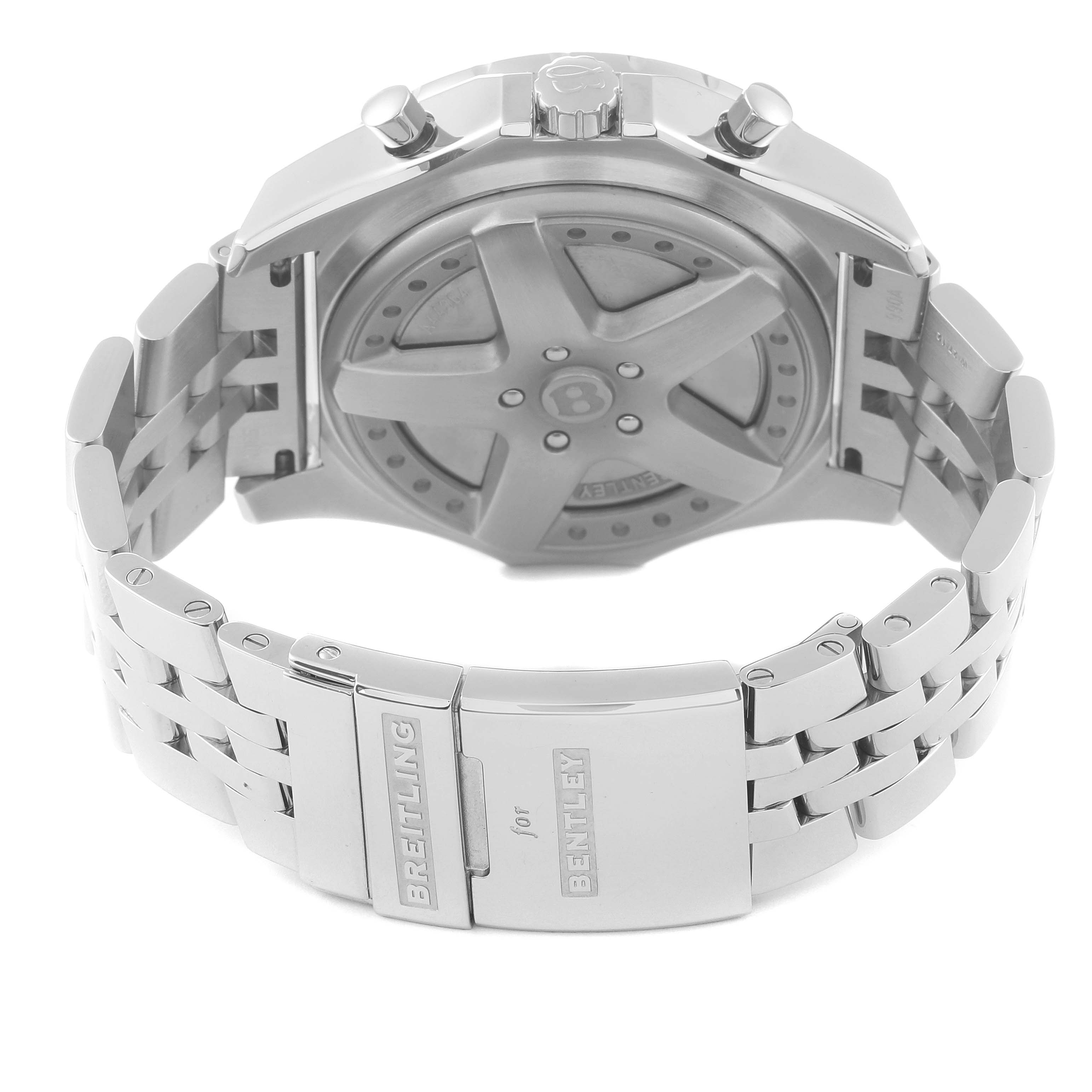The image shows the back and clasp of a Breitling Bentley A44364 Men's Stainless Steel Blue Dial A44364 Men's Stainless Steel Blue Dial model watch, highlighting the engraved metal bracelet and caseback.